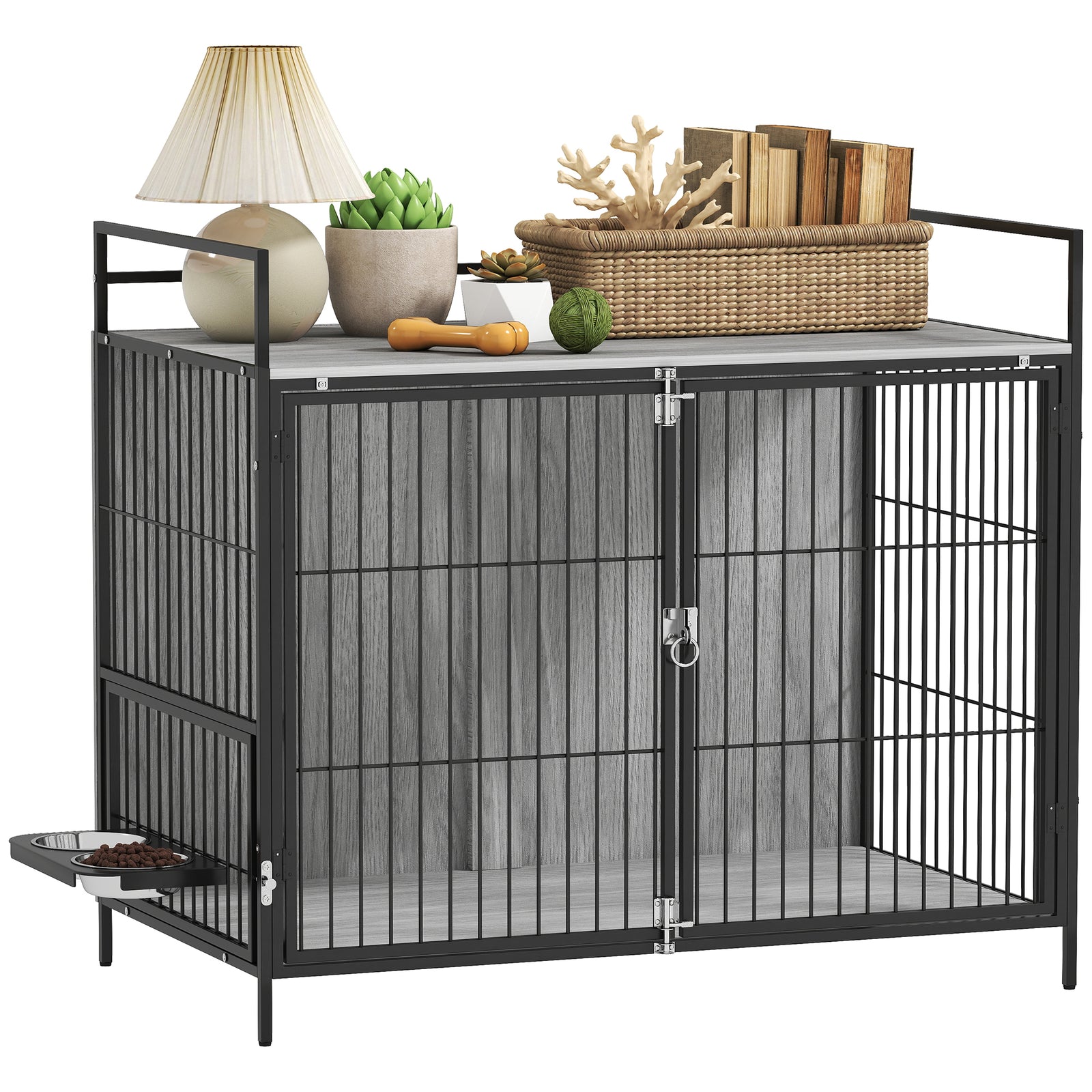 Pawhut Dog Crate Furniture With Rotating Bowl Holder For Large Dogs, Grey