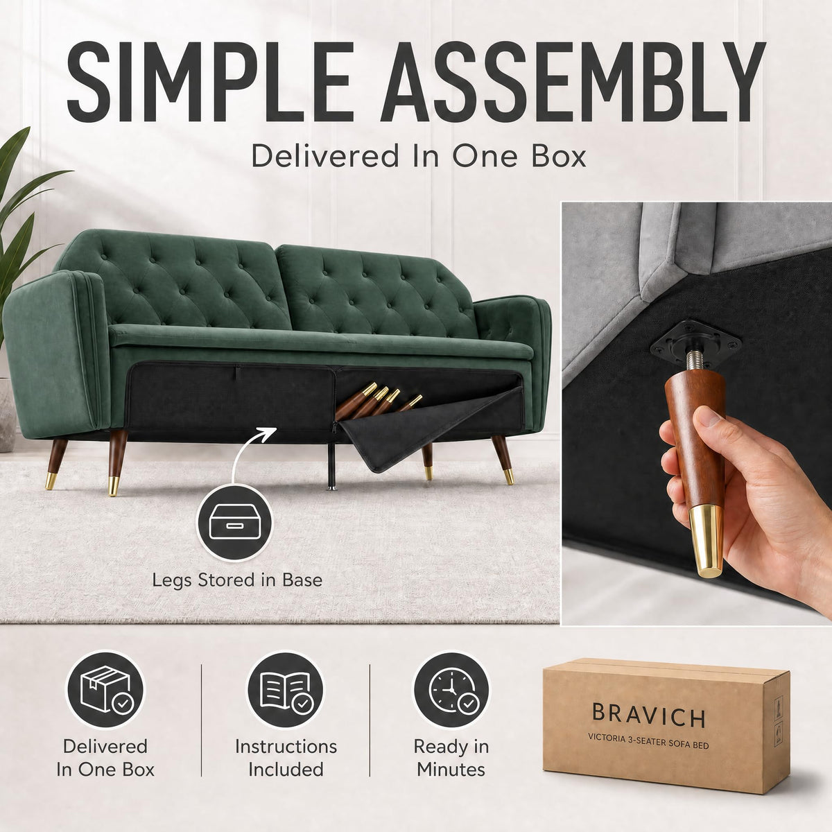 Victoria Velvet Sofa Bed 3 Seater | Green