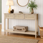 Breeins Rustic Wood Console Table With 3 Rattan Drawer