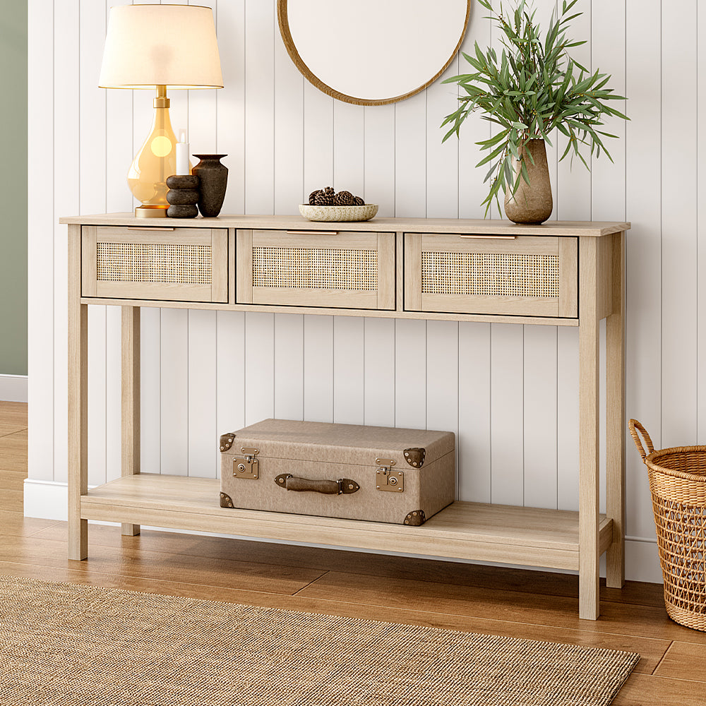 Breeins Rustic Wood Console Table With 3 Rattan Drawer