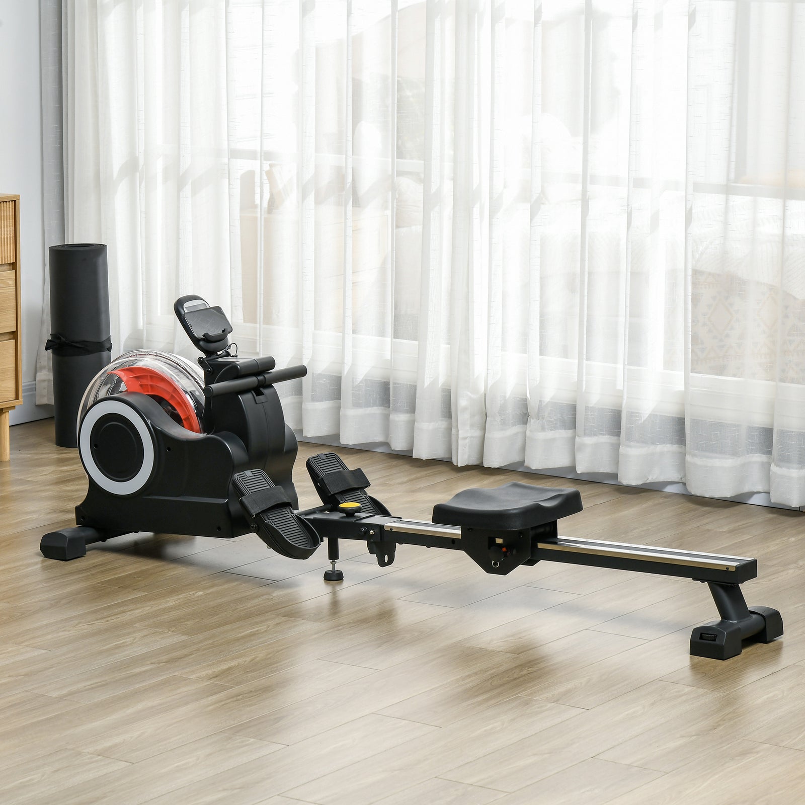 Foldable Water Rowing Machine With Wheels And Lcd Monitor | Black