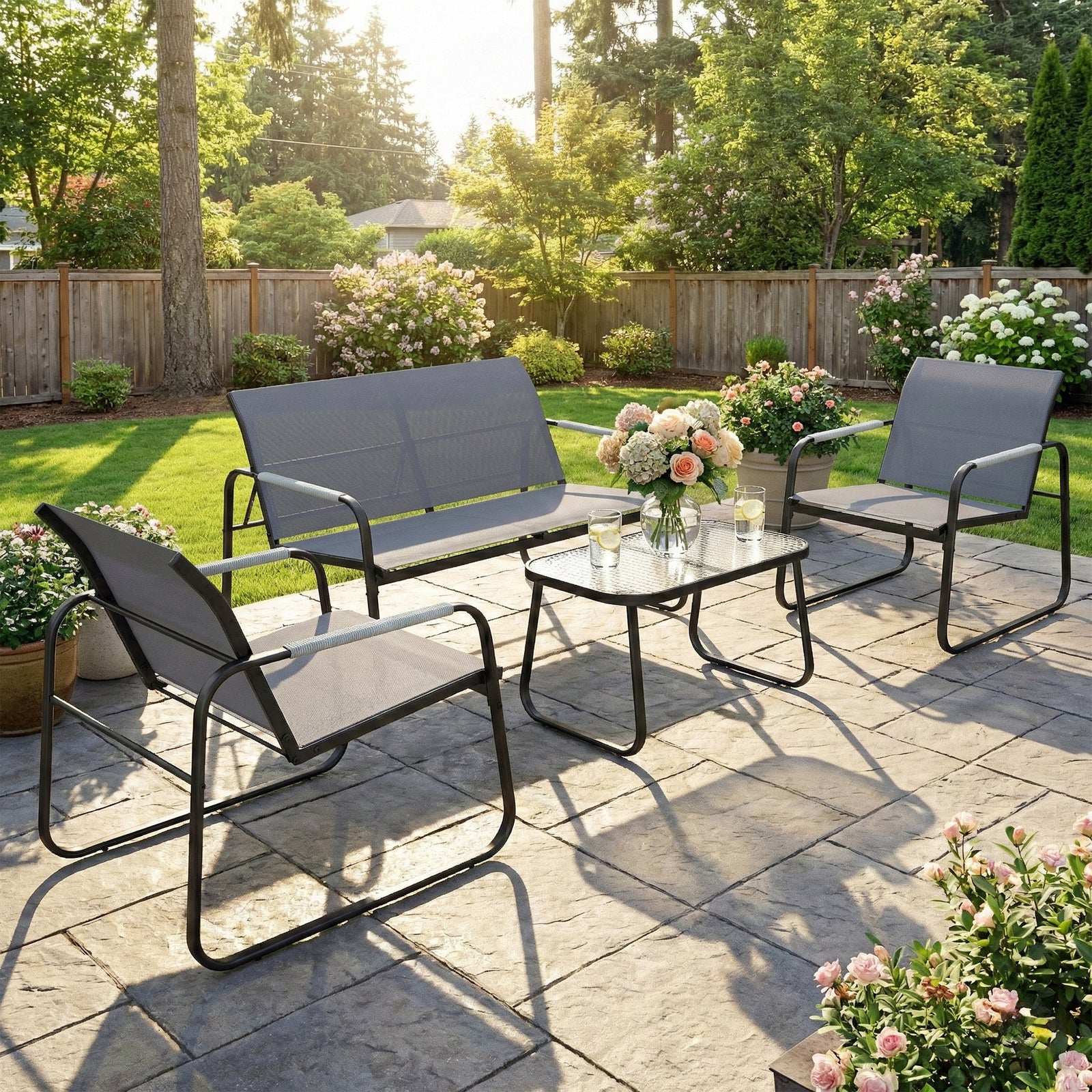Outsunny Garden Sofa Set With Loveseat, 2 Armchairs, Tempered Glass Table
