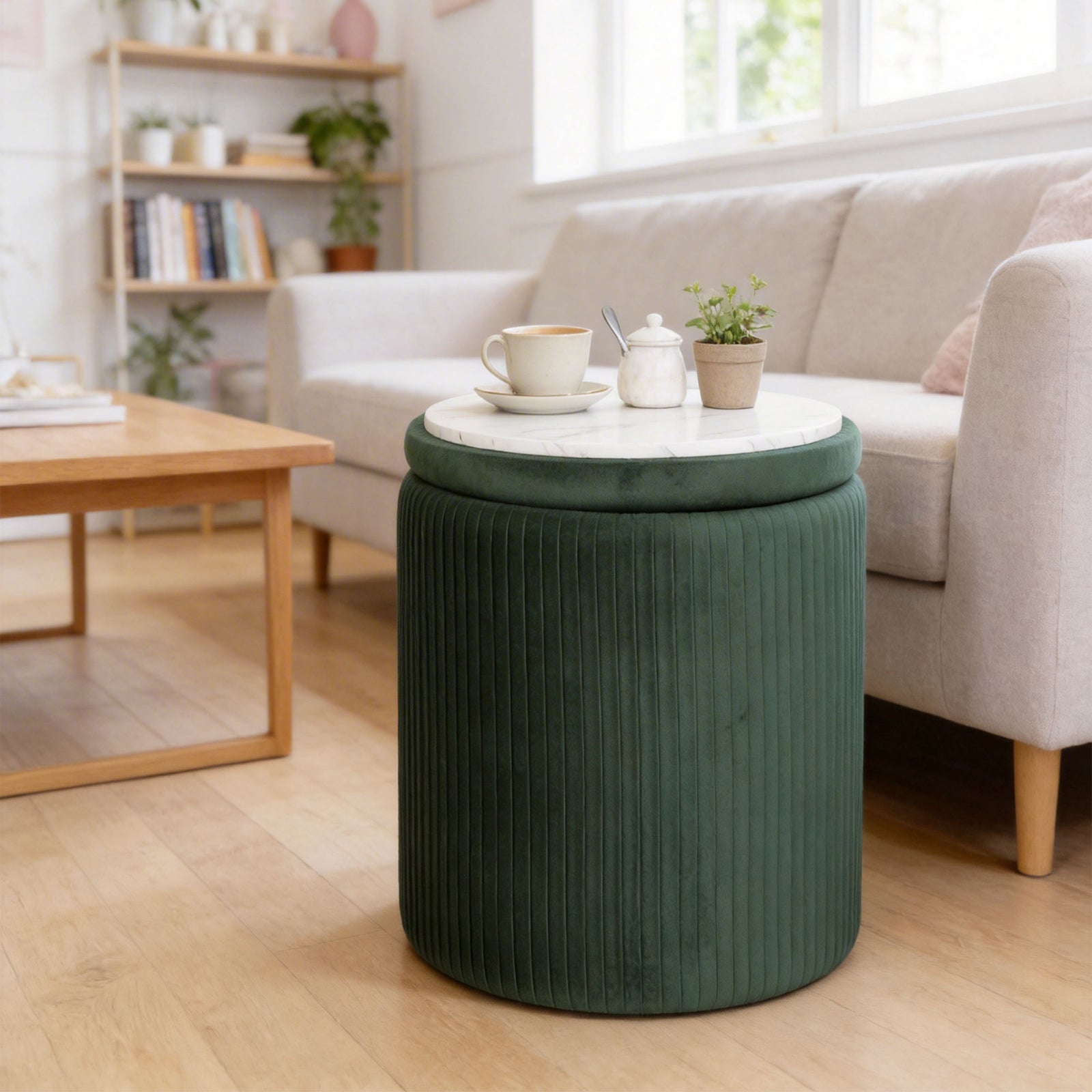 Round Storage Ottoman With Removable Top | Green