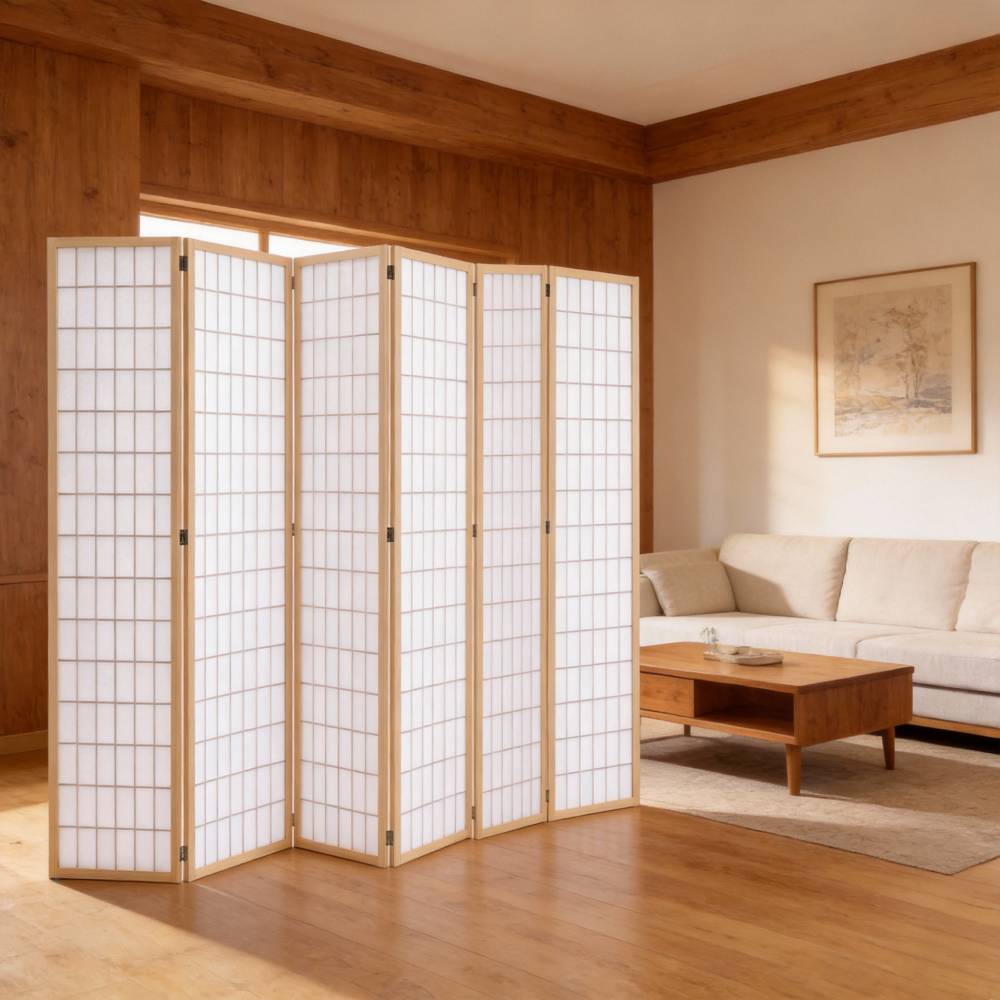 6-panel Freestanding Room Divider – Pine Wood Lattice Design | Natural