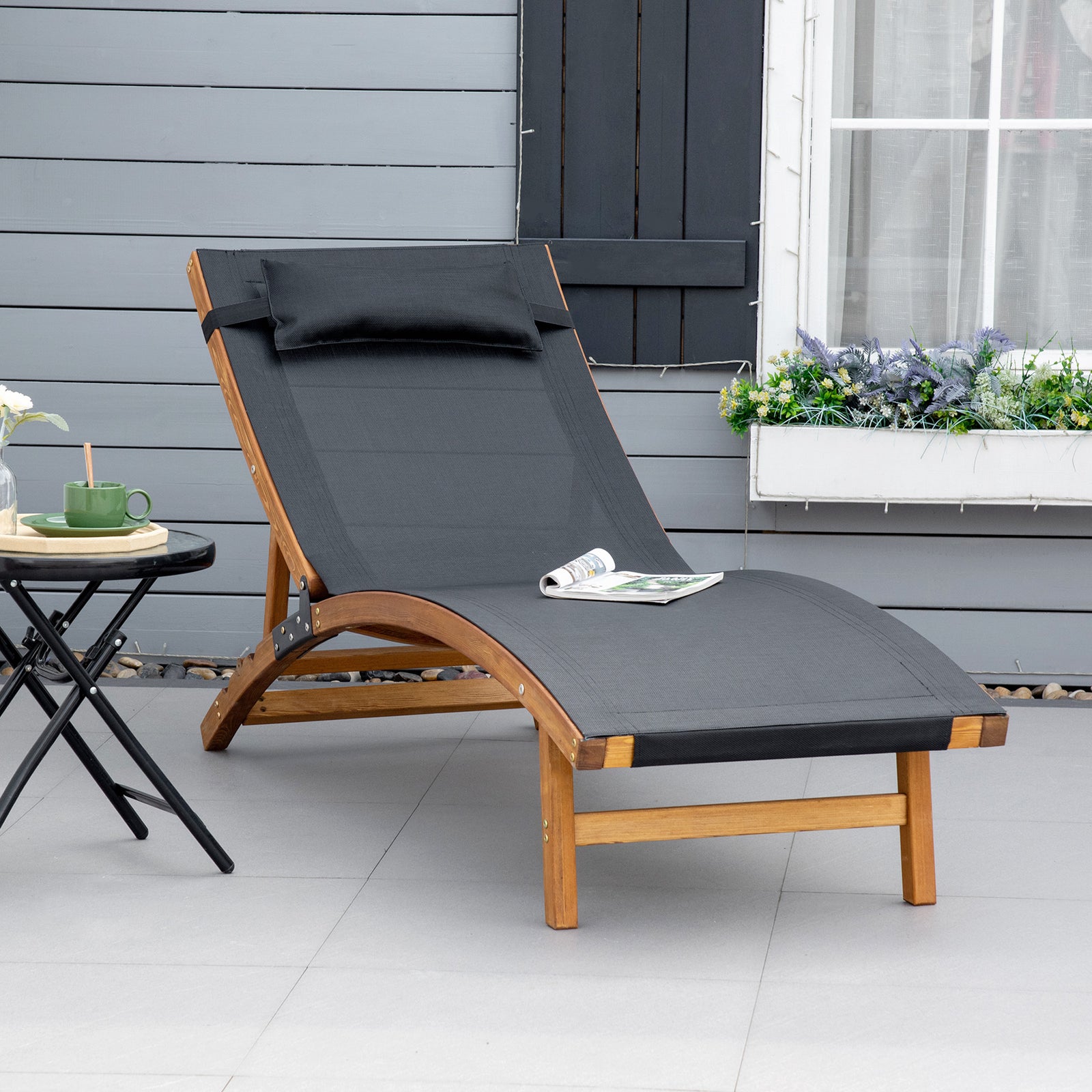 Wooden Sun Lounger W/ Adjustable Back - Black