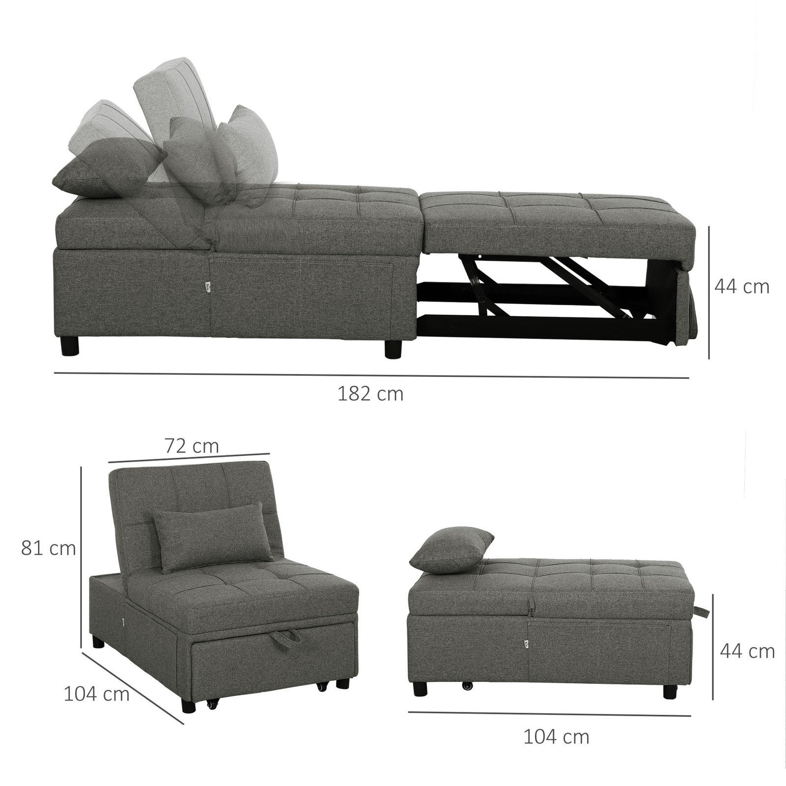 4-in-1 Pull Out Sleeper Chair Bed With Pockets | Grey