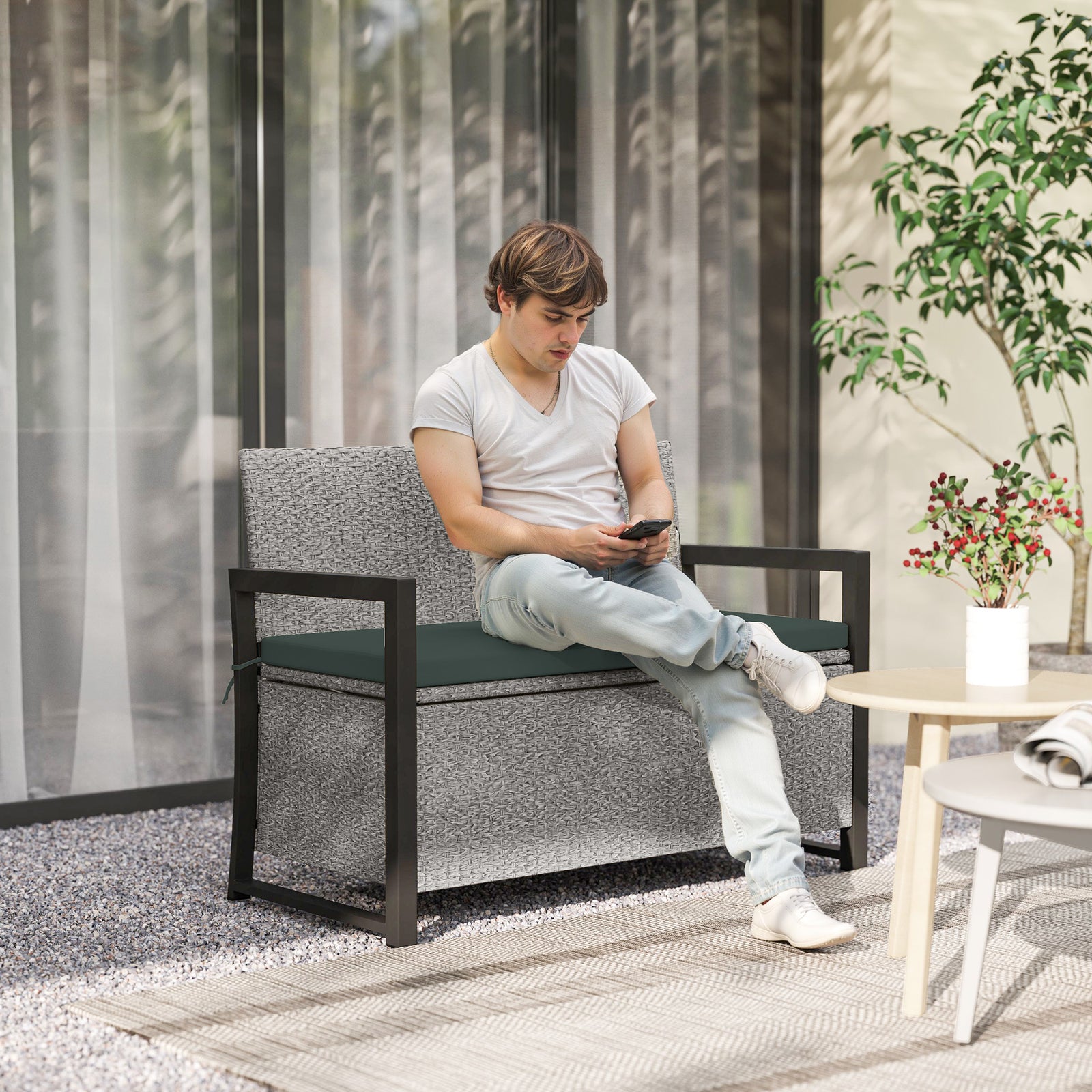 Garden Storage Bench, 151.5l Pe Rattan Bench With Storage