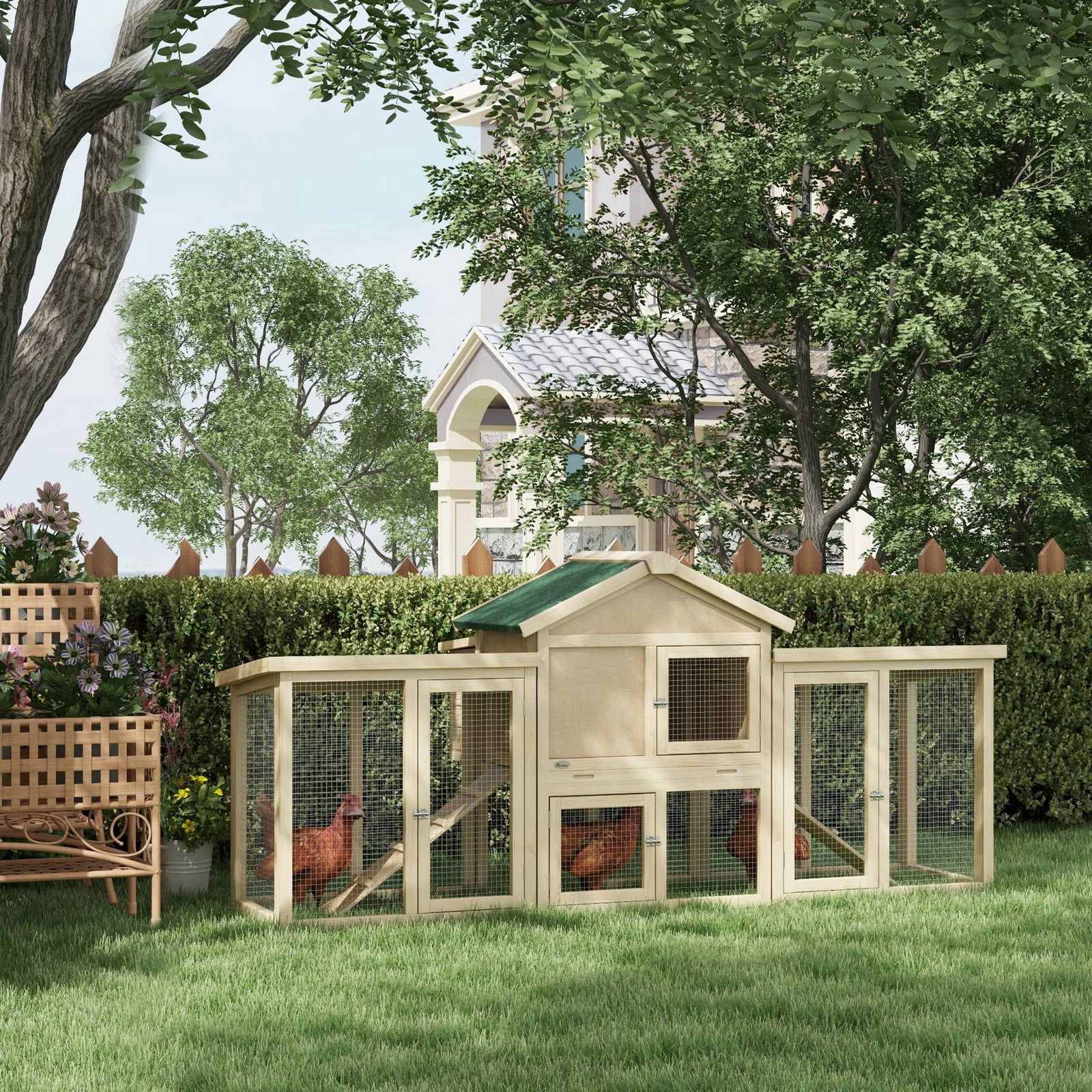 Pawhut Wood Chicken Coop Hens Cage Poultry House With Nesting Boxes Run