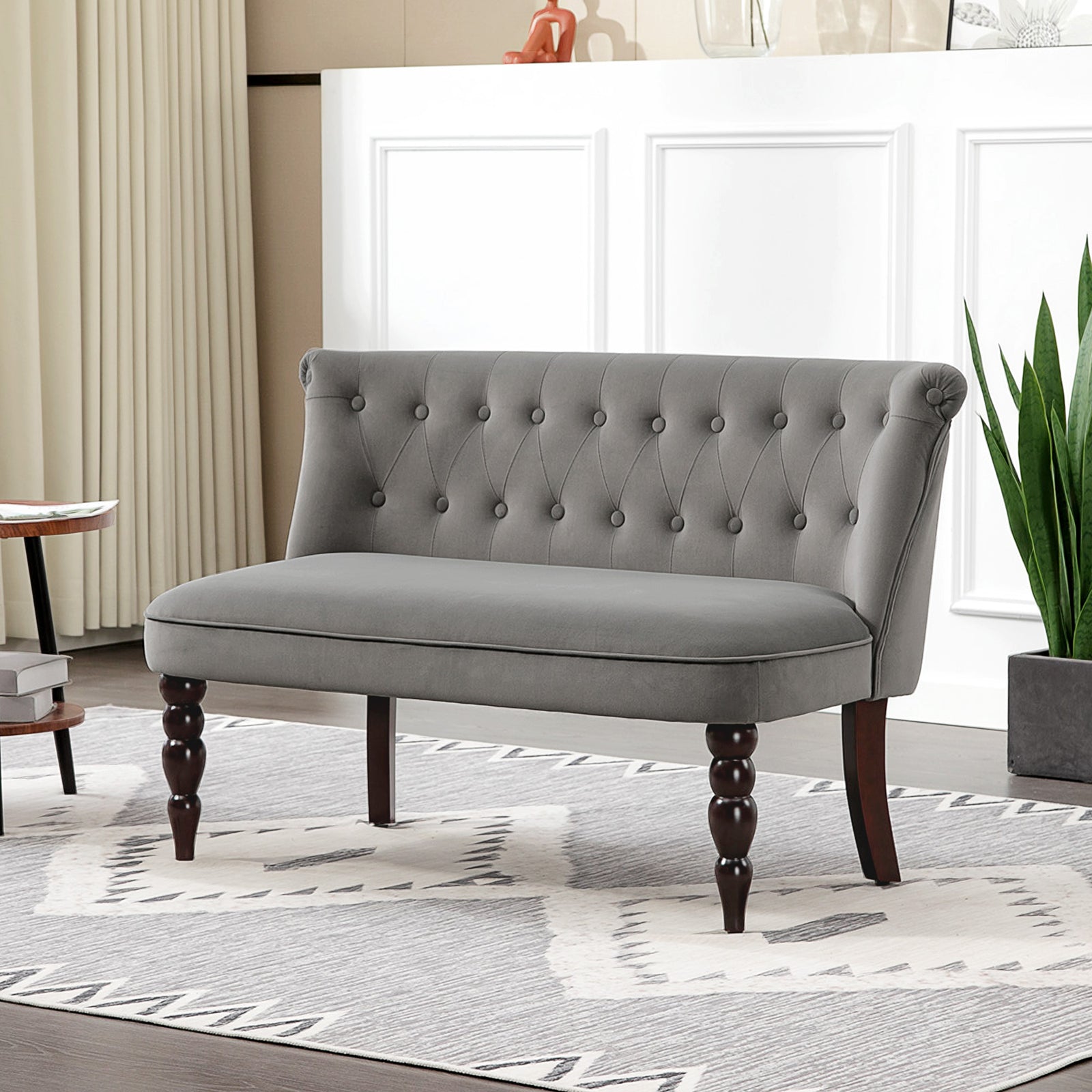 Velvet-feel Two-seat Lounger Sofa With Wood Frame | Charcoal Grey