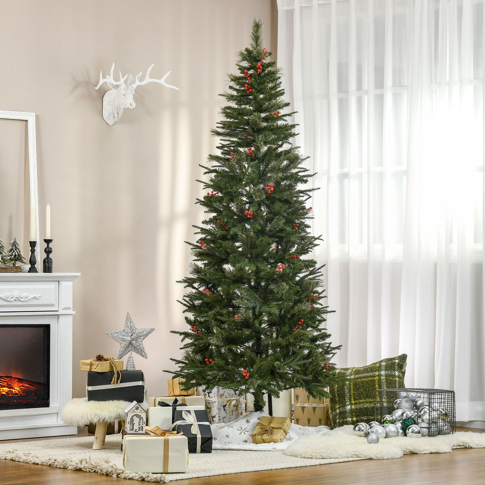 5/6/7ft Pencil Shape Christmas Tree, Berries | 7ft | Green