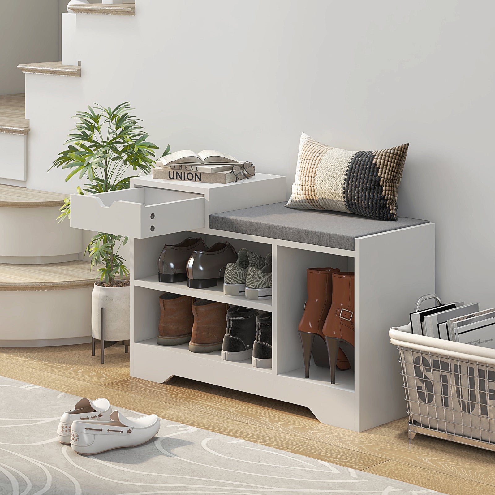 Upholstered Entryway Shoe Bench With Storage Drawer | One Size | White