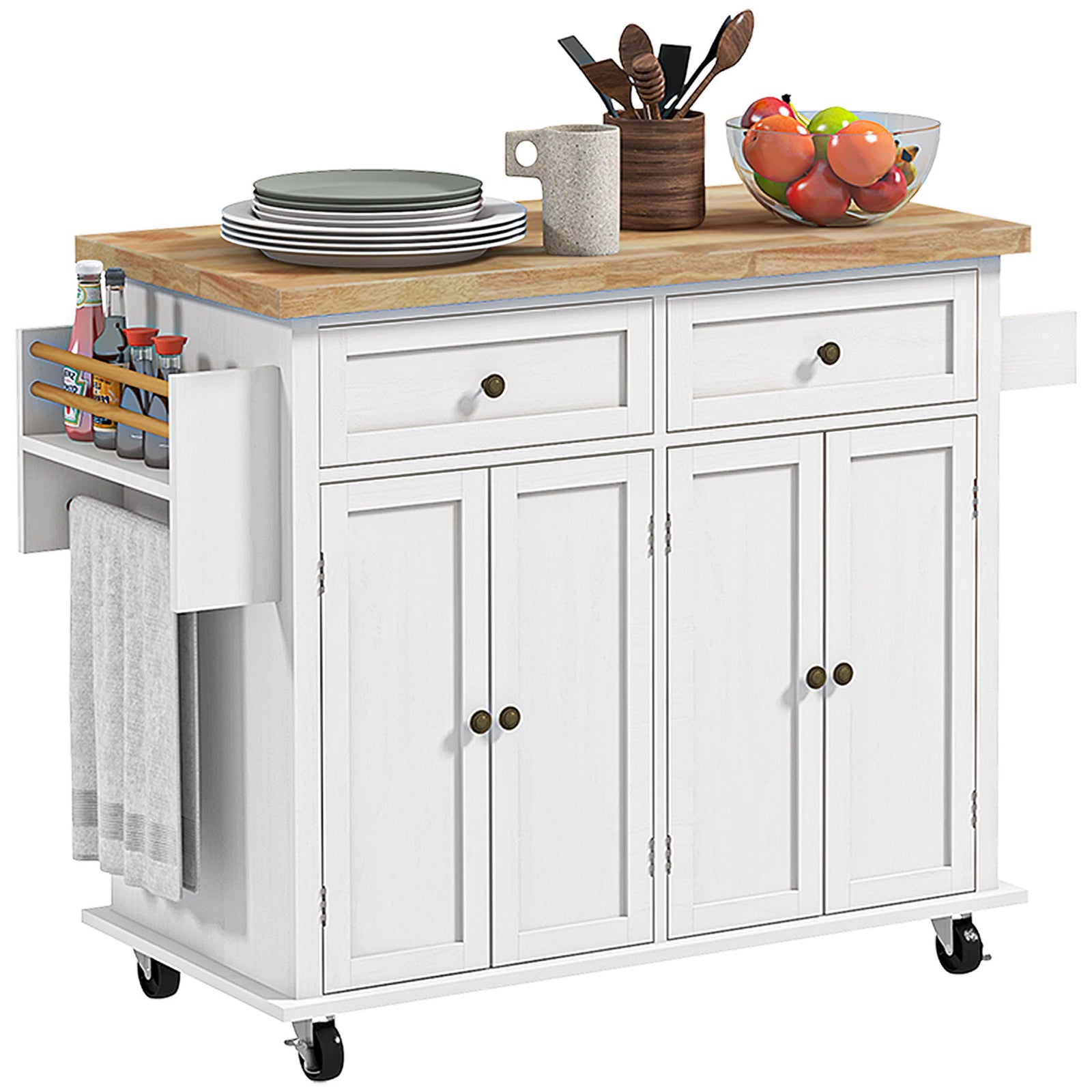 Rolling Kitchen Island Cart With Rubber Wood Top, Spices | White