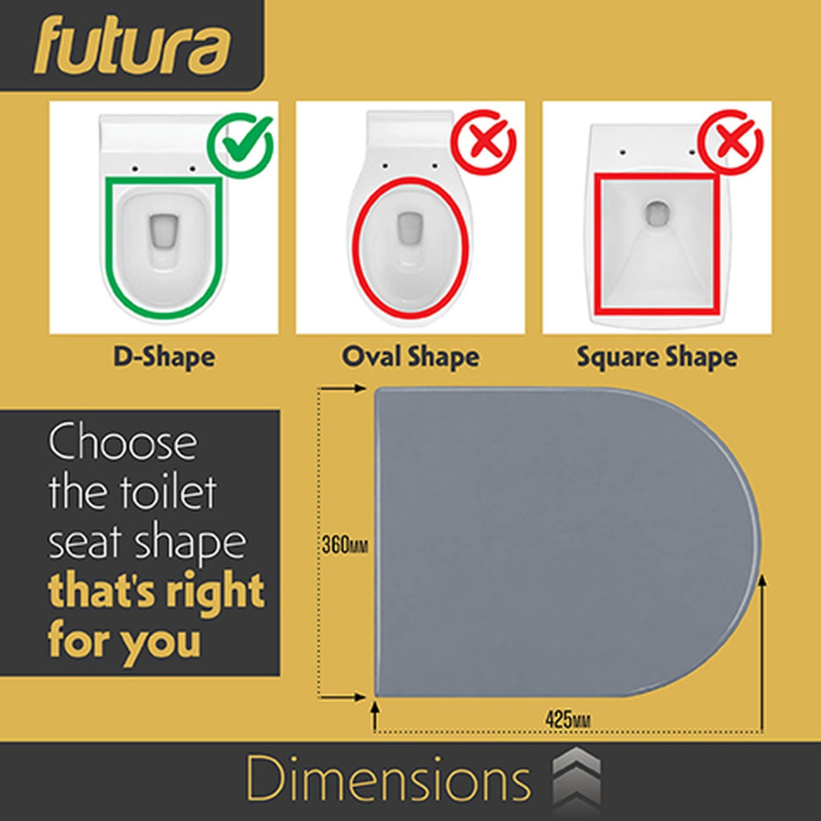 Toilet Seat Soft Close D Shape, Premium Thermoplastic, Quick Release, Top & Bottom Fixings | Grey
