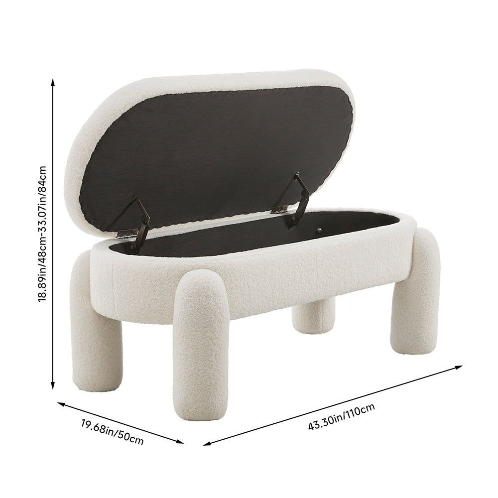 110cmW Oval Upholstered Storage Bench – White Teddy Fleece Flip-Top Ottoman Seat with Wooden Frame, Modern Nordic Style