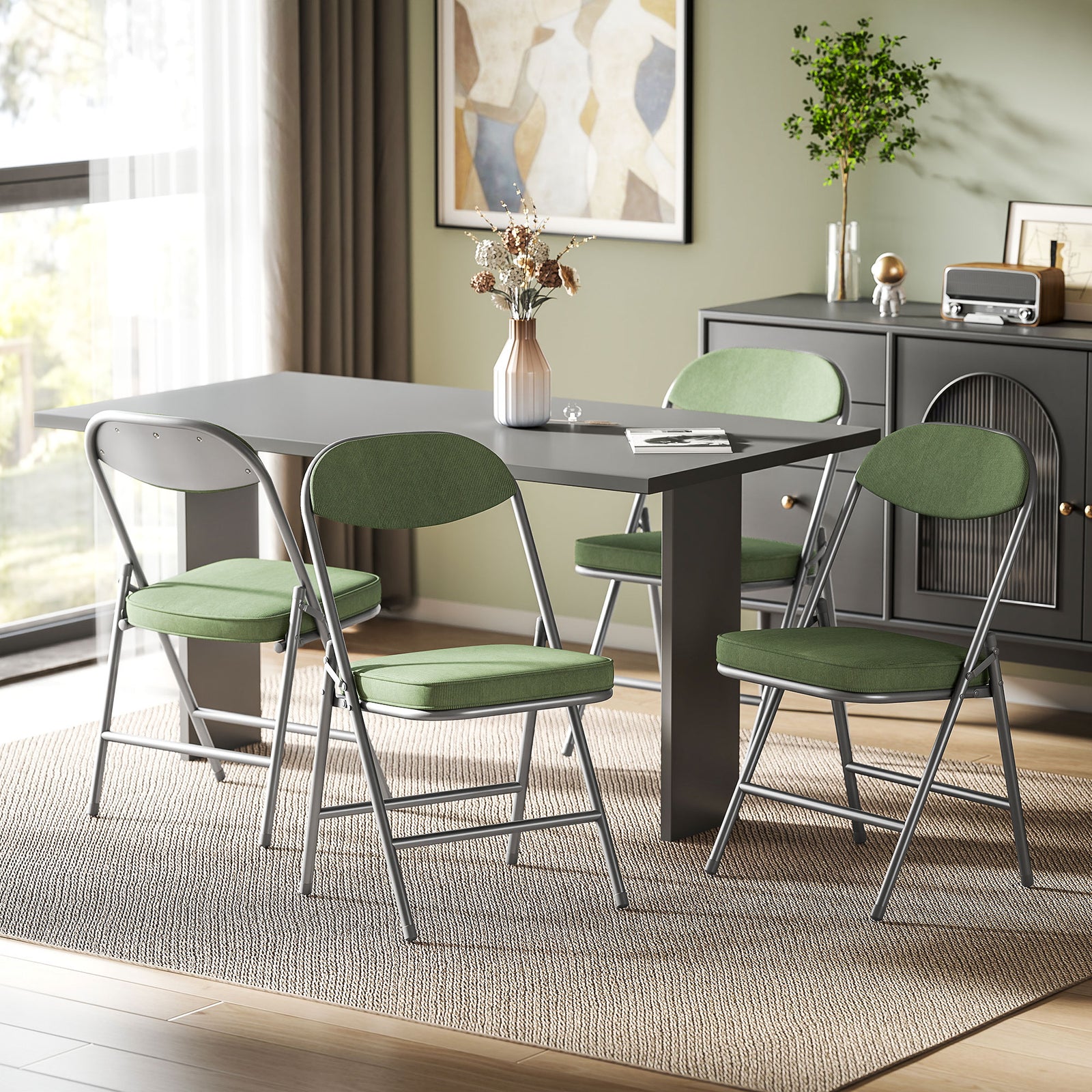 Folding Chairs Set Of 4 With Cushioned Seat, Steel Frame | Green