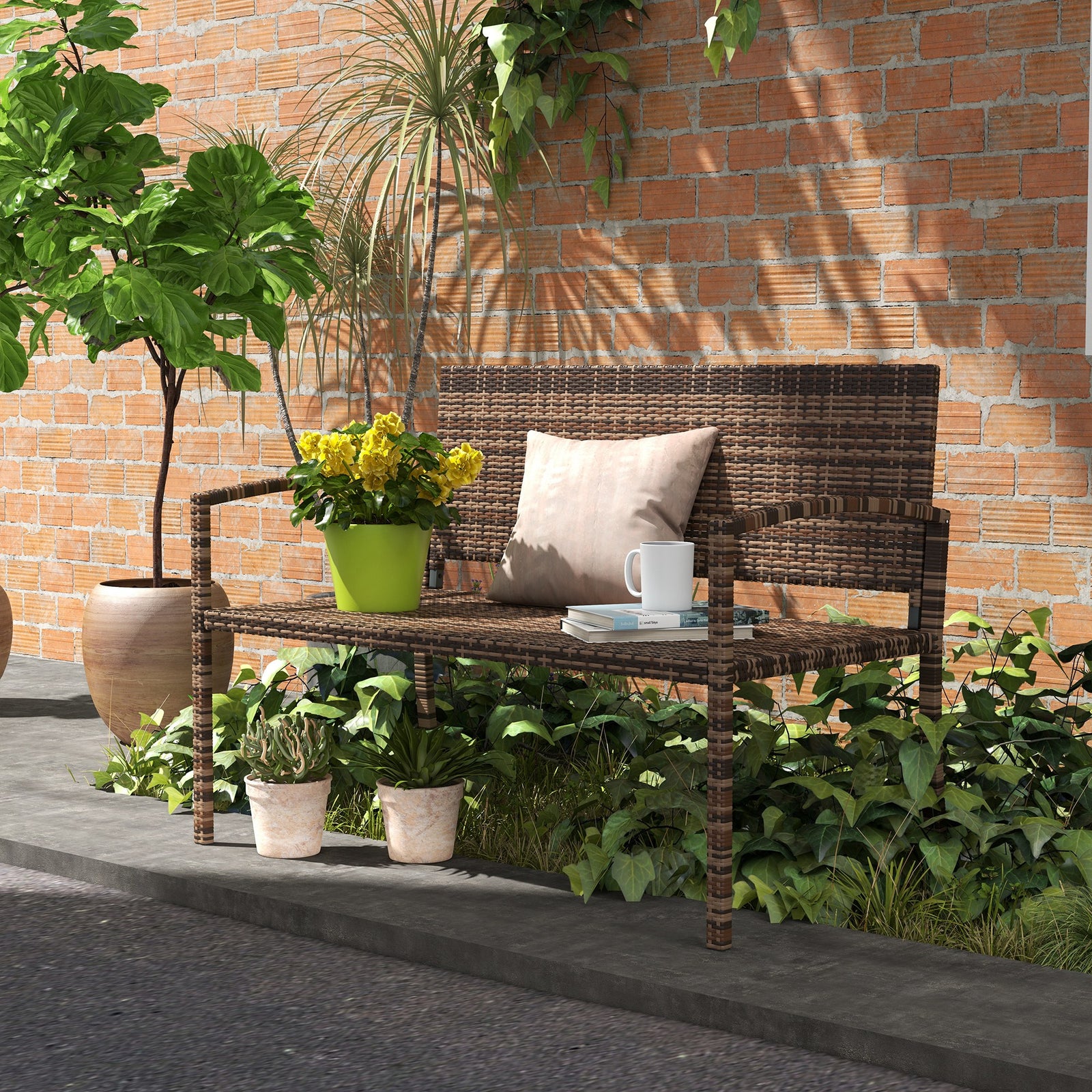 Patio Rattan 2 Seater Garden Bench Love Seat Garden Armchair Brown | Brown