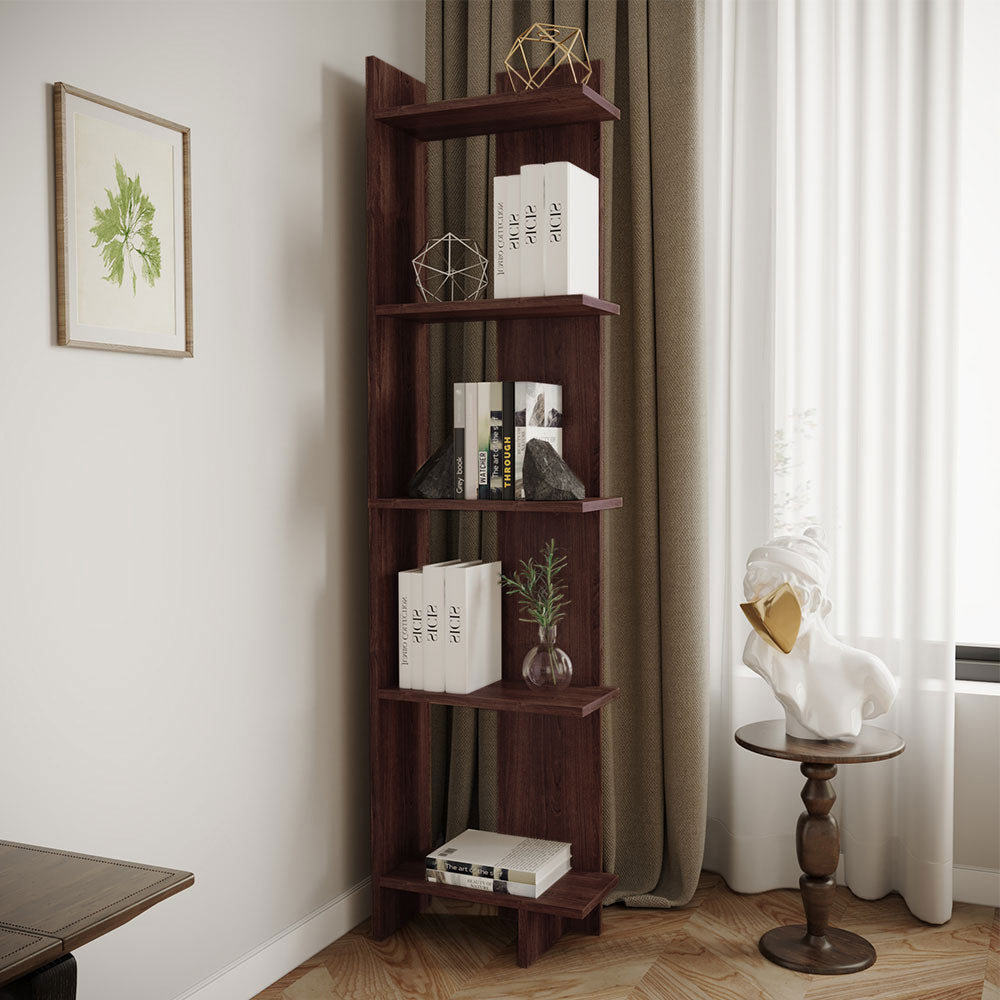 Modern 5-tier Corner Bookshelf Shelf Unit | Walnut
