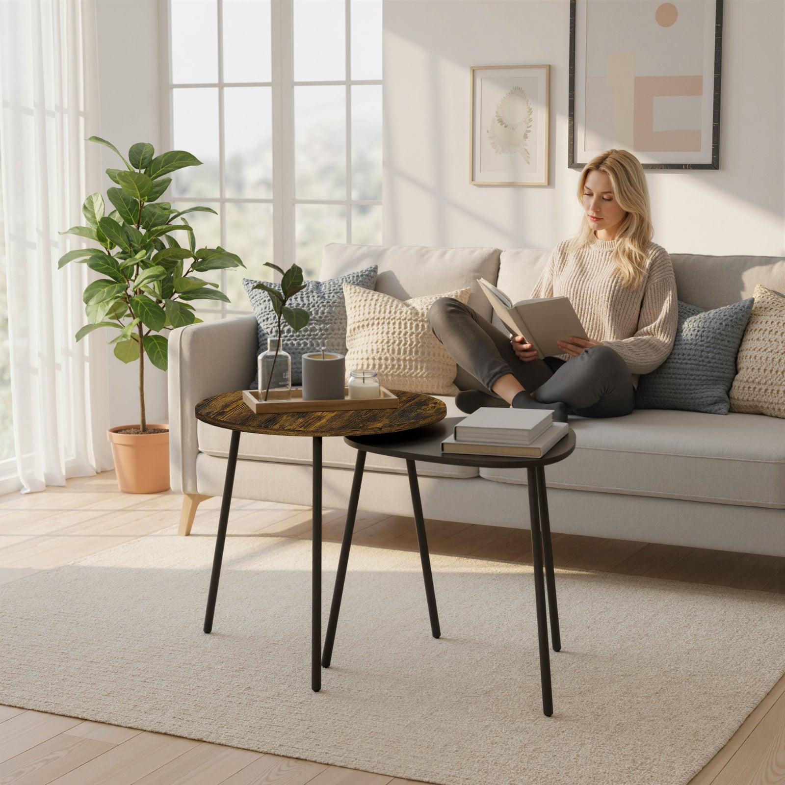 HOMCOM Set Of 2 Nesting Side Table With Metal Frame, Rustic Brown