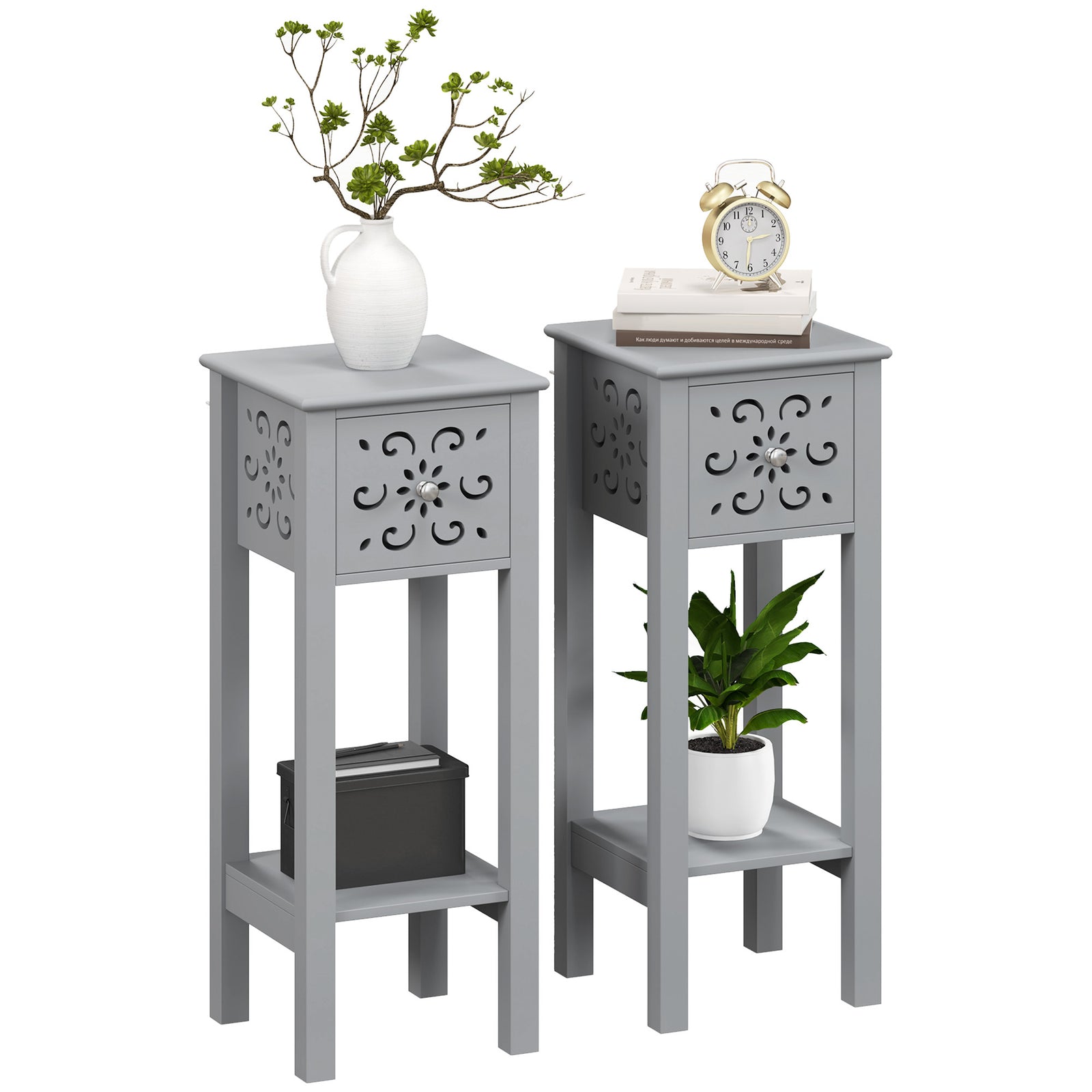 HOMCOM Bedside Table Set, End Table Set With Drawer And Storage Shelf, Grey