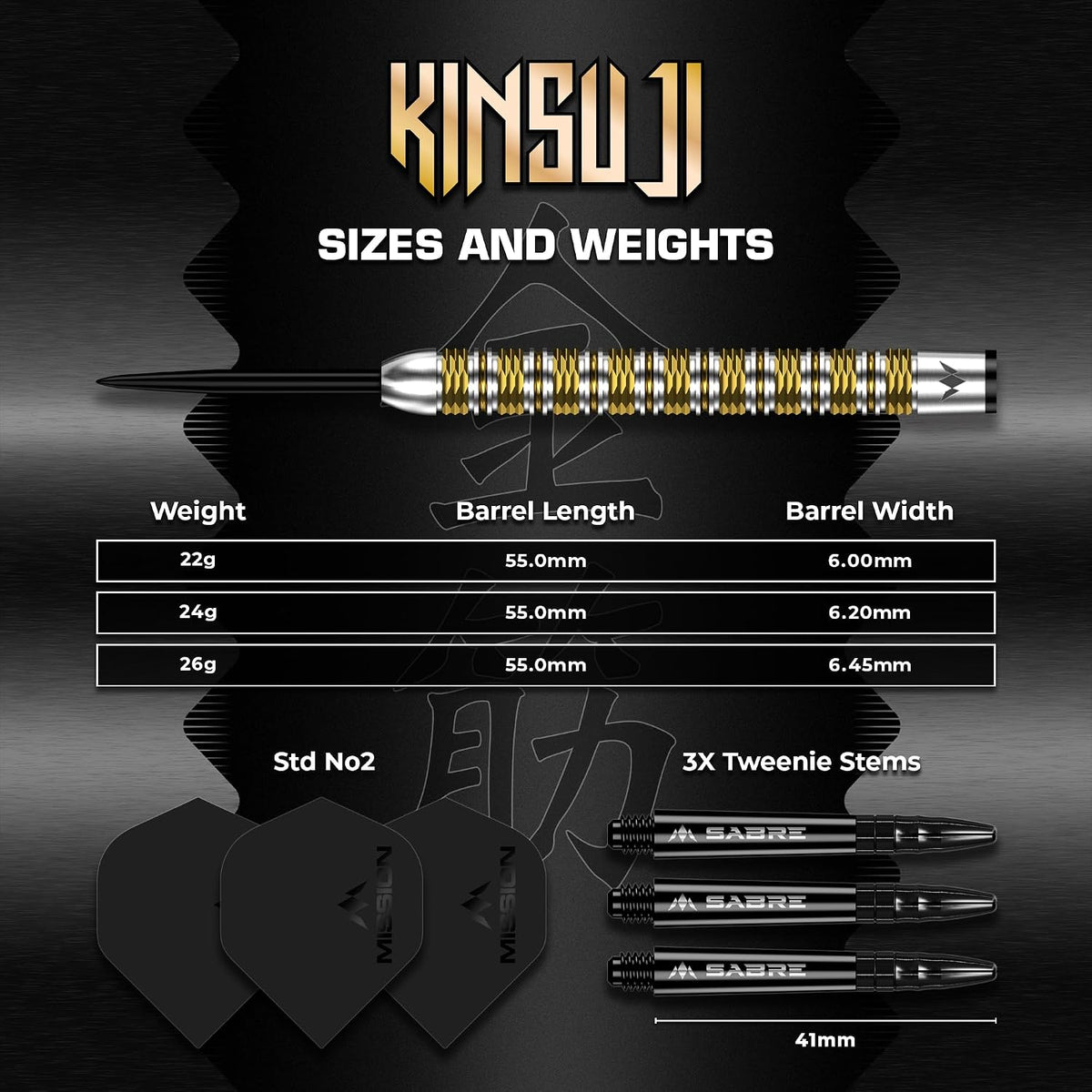 Kinsuji Darts - Steel Tip - 95% Tungsten | 26g | Black