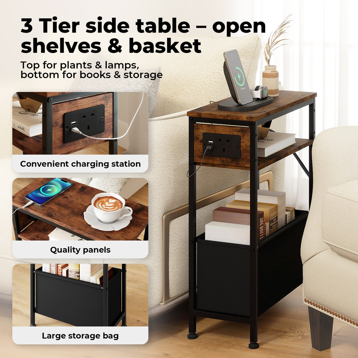 Levede Slim Side Table With Charging Station Storage Narrow End Table Sofa Living Room