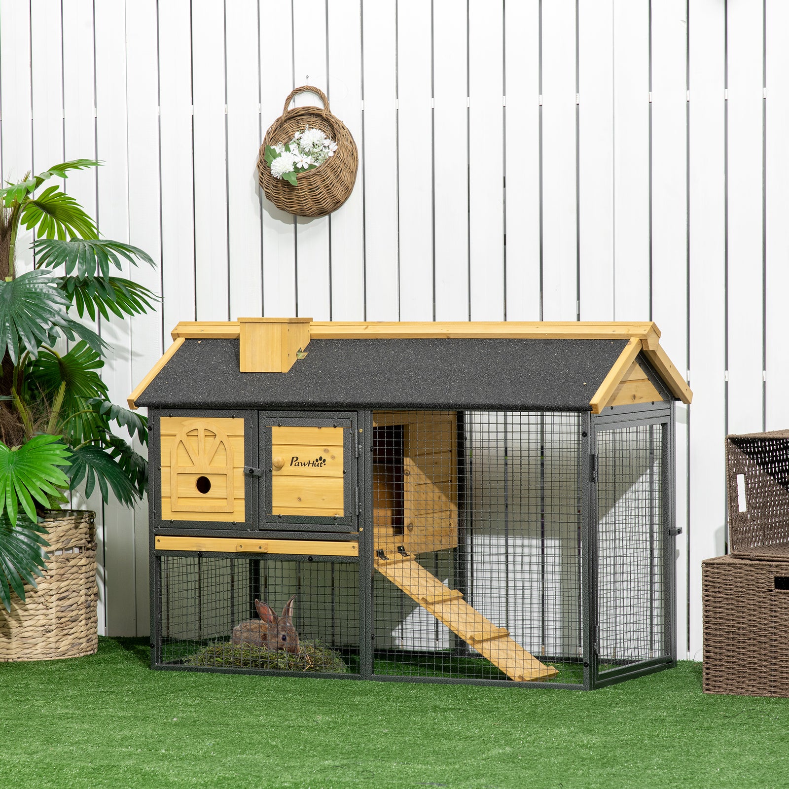 Rabbit Hutch Outdoor Bunny Cage W/ Run, Removable Tray, 120 X 55.5 X 80cm