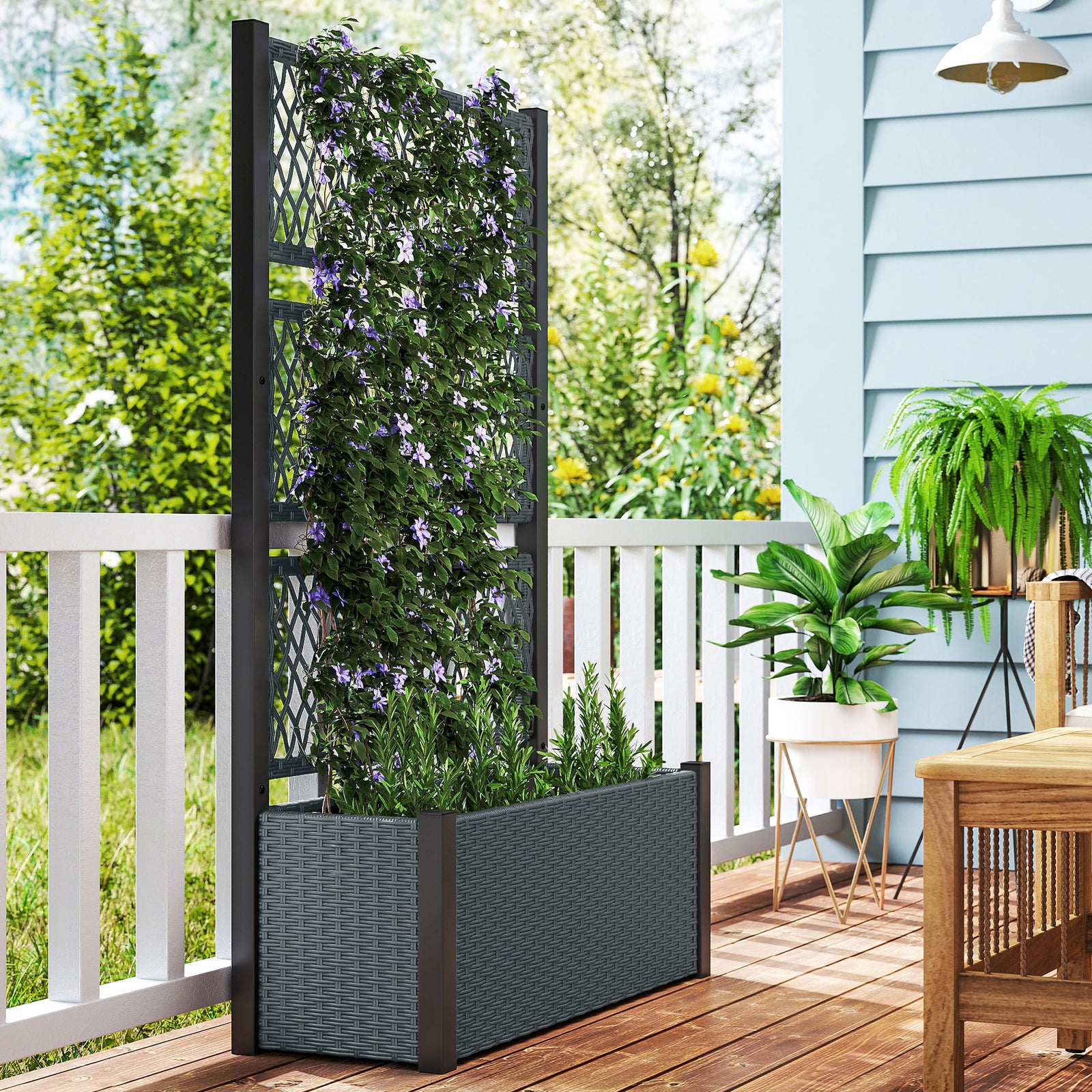 Garden Planter Box With Trellis, Rattan Raised Bed | Charcoal Grey