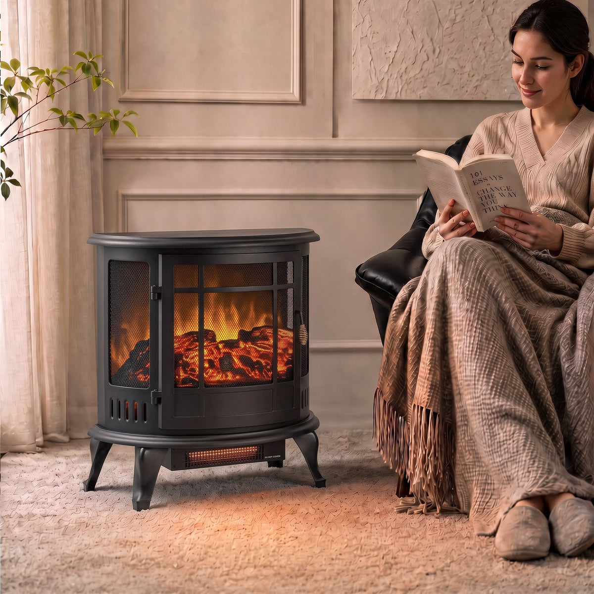 Electric Fireplace Stove With Realistic Flame, Fire Place, Black