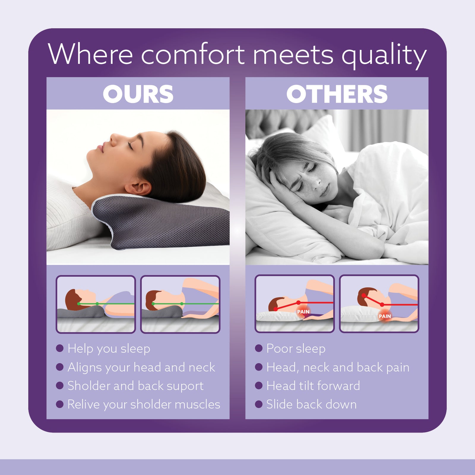 Luxury Orthopedic Memory Foam Cervical Neck Support Pillow 64x42x12.5cm, Side Sleeper Pillow For Back & Stomach Sleepers