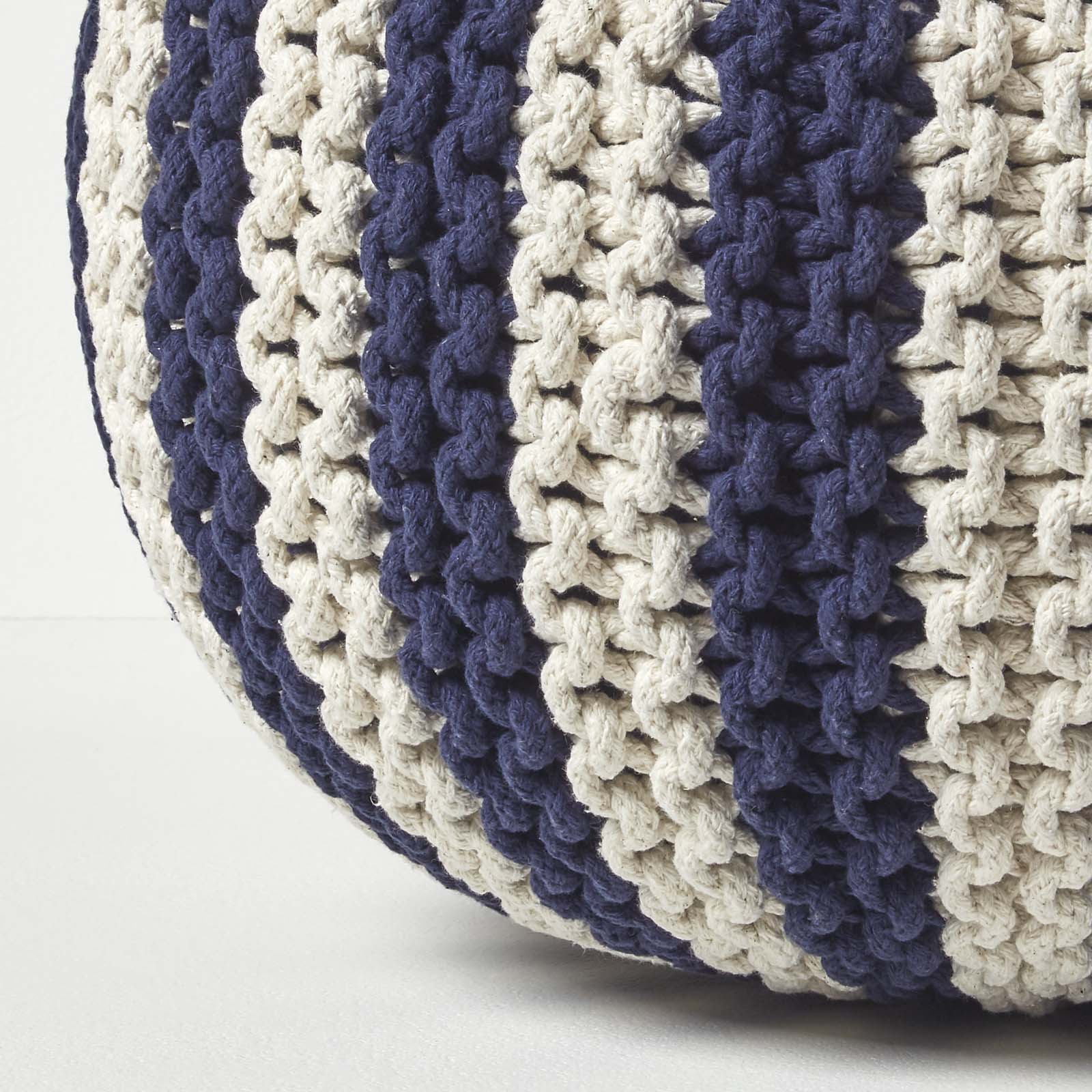 Navy And White Knitted Pouffe Striped Footstool | 50cm x 35cm | Blue & White