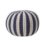 Navy And White Knitted Pouffe Striped Footstool | 50cm x 35cm | Blue & White