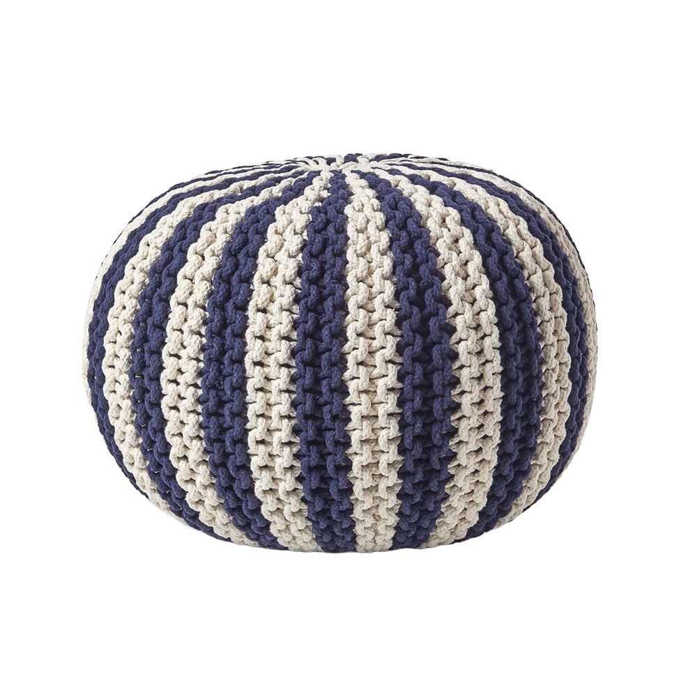 Navy And White Knitted Pouffe Striped Footstool | 50cm x 35cm | Blue & White