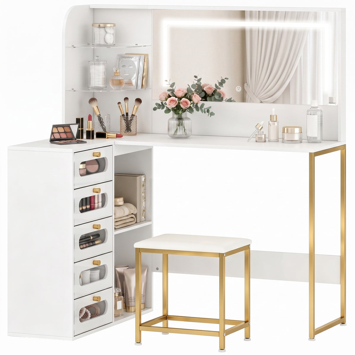 HOMCOM Dressing Table With Led Mirror And Stool, Drawers, Vanity Desk, White