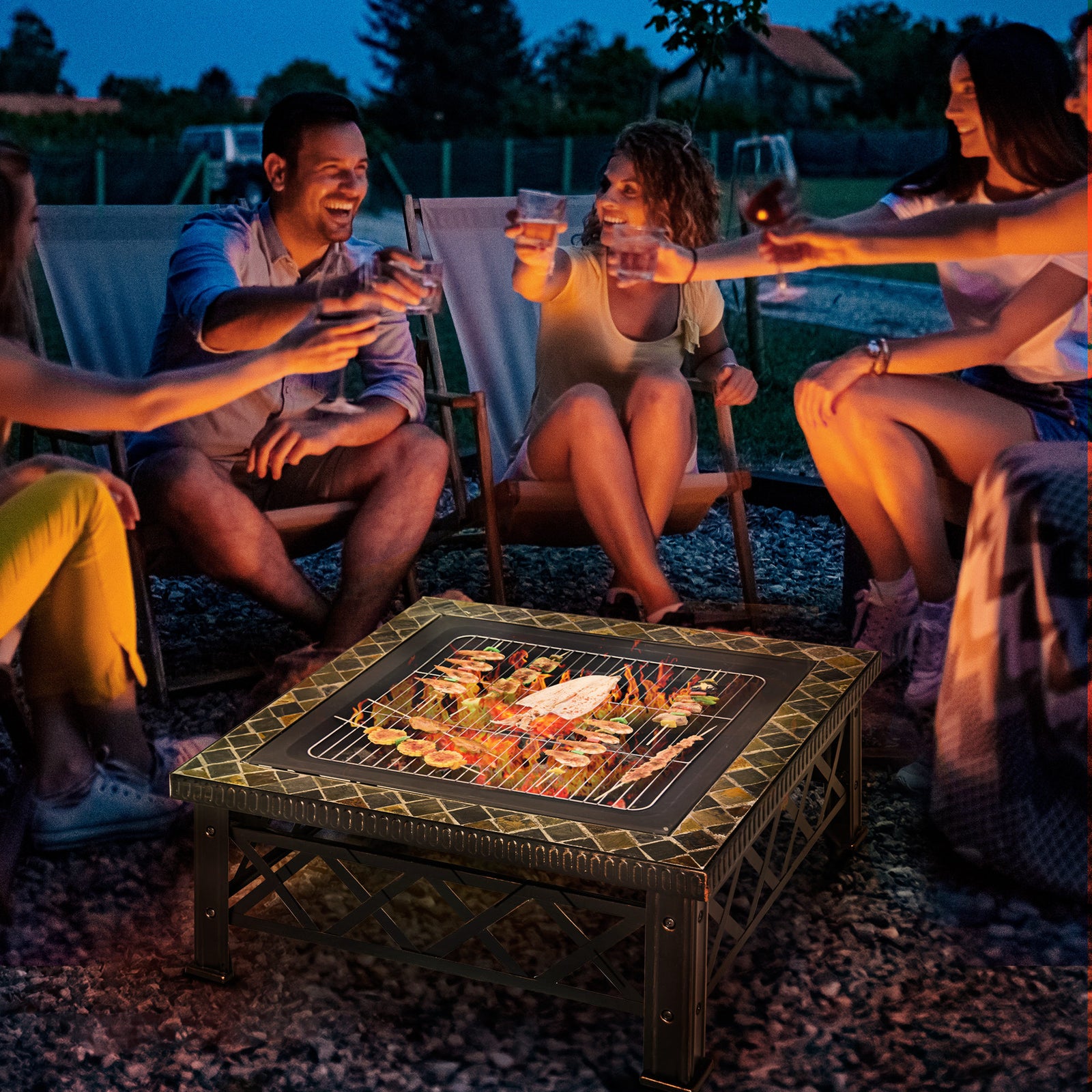 Square Fire Pit Table W/ Grill Shelf, 76cm