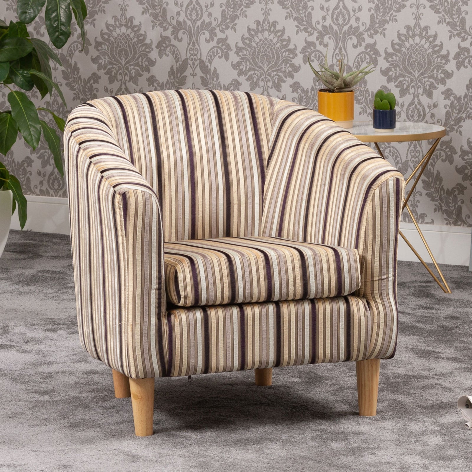 Aurora 69cm Wide Striped Fabric Tub Chair With Dark And Light Wooden Legs | Beige