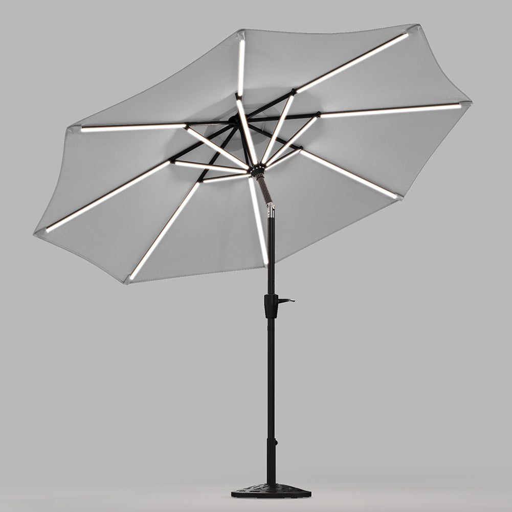 3m Solar Led Patio Umbrella, Outdoor Parasol With 16 Led Tubes, Crank Lift & Push Button Tilt With Resin Base | One Size | Light Grey