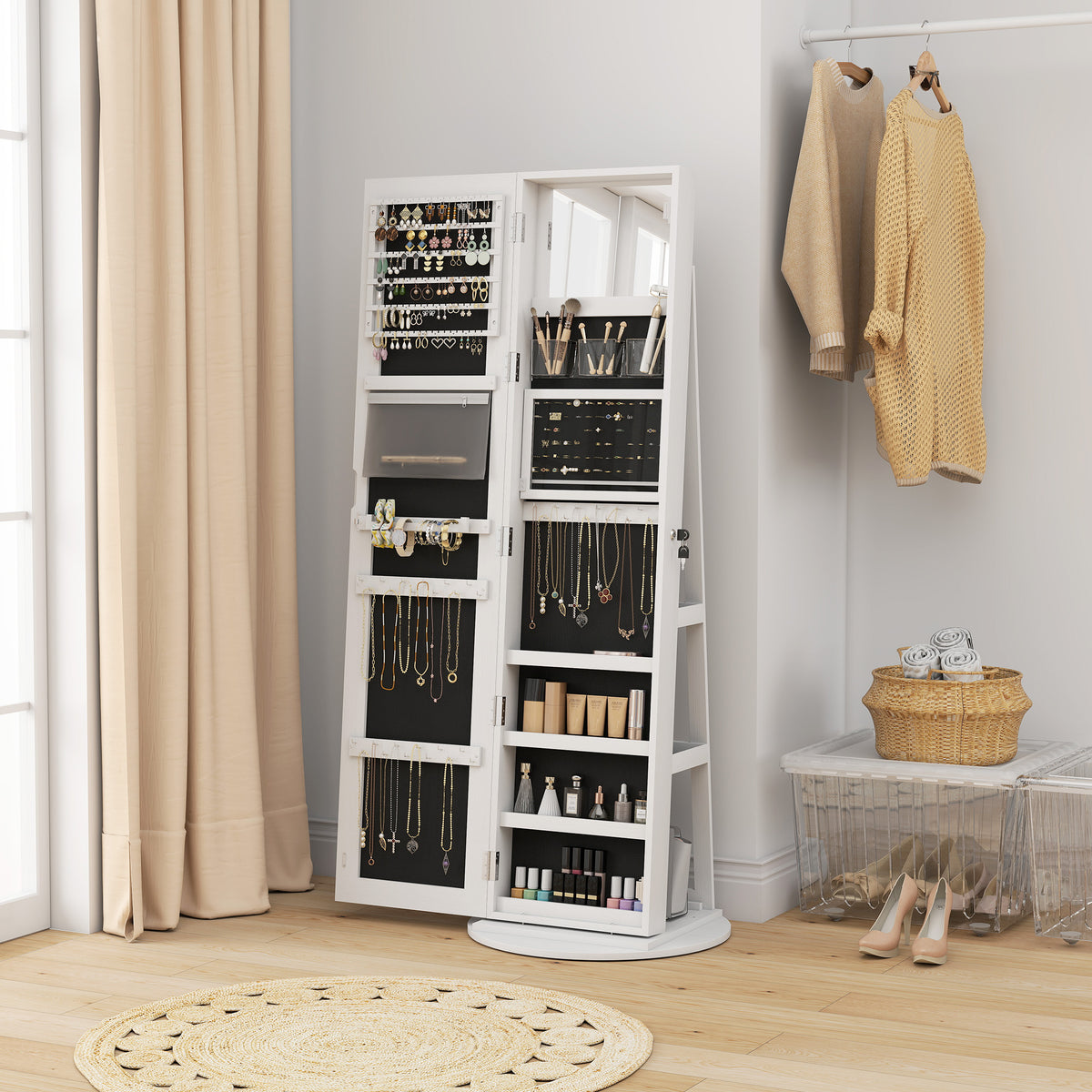 HOMCOM Jewellery Cabinet, Full Length Mirror With Storage, White
