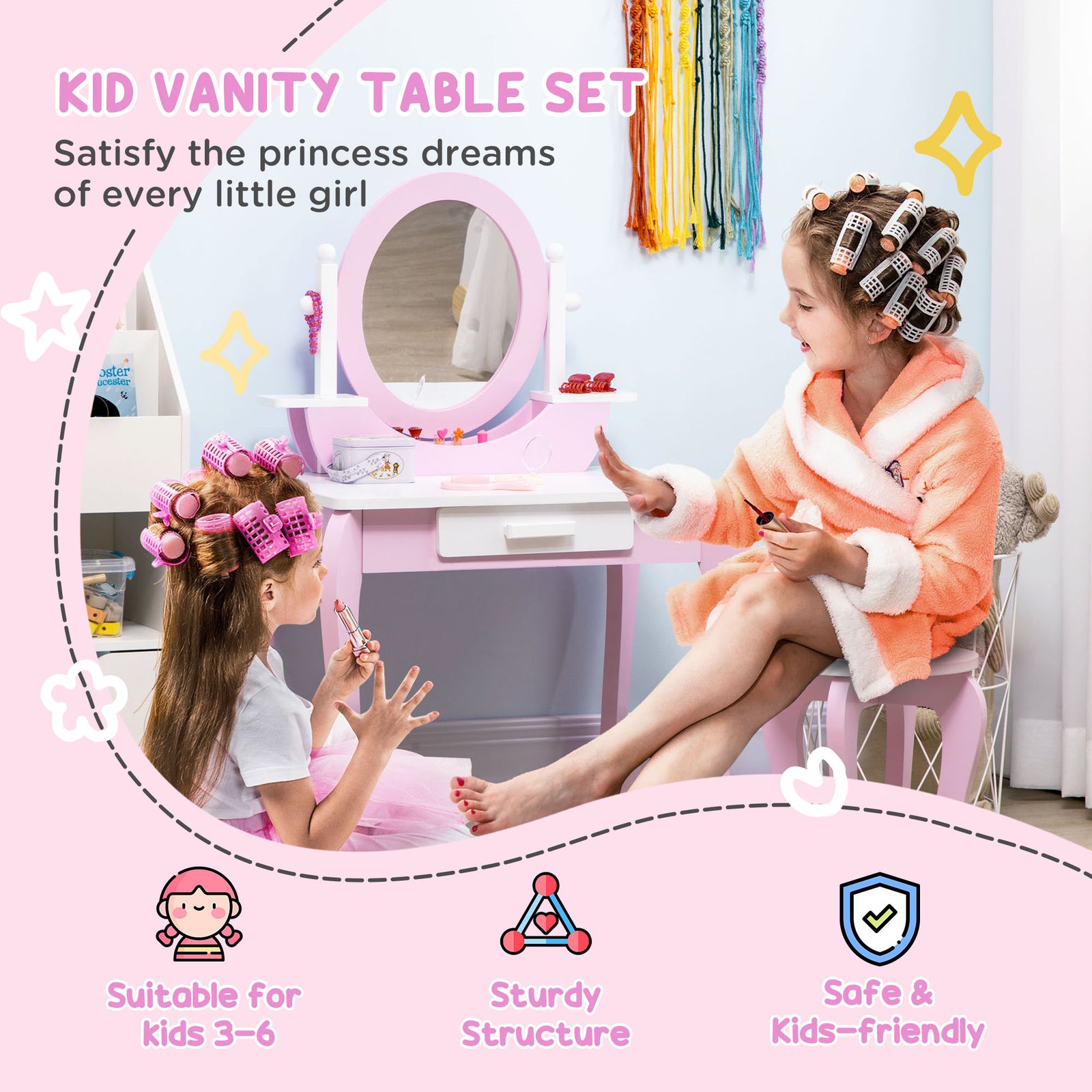 Kids Dressing Table With Mirror And Stool, For Ages 3-6 Years - Pink | Pink