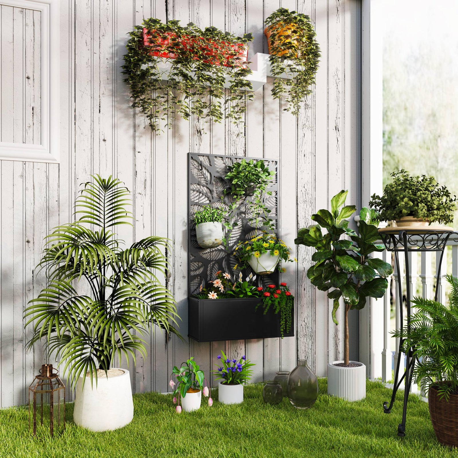 Metal Garden Bed With Trellis, Leaf Cut-out Screen