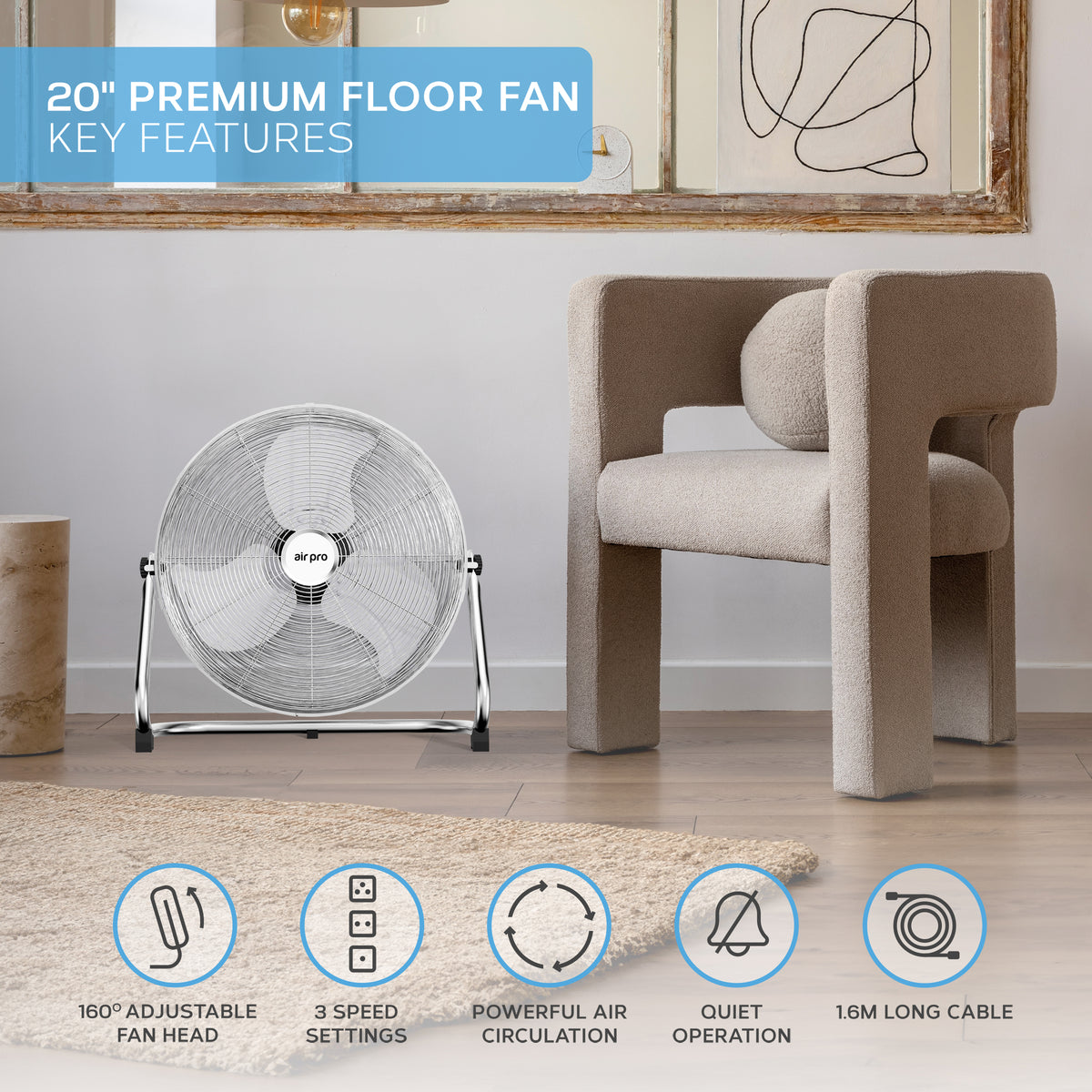 14/16/20" Circular Floor Fan - Powerful Air Cooling Fan With 3 Speed Settings | 20" | Silver