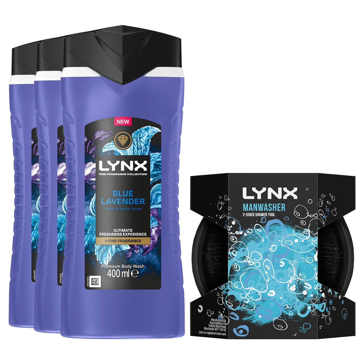 Blue Lavender Body Wash 3x 400ml With 2-sided Manwasher Shower Tool For Men | Set of 3
