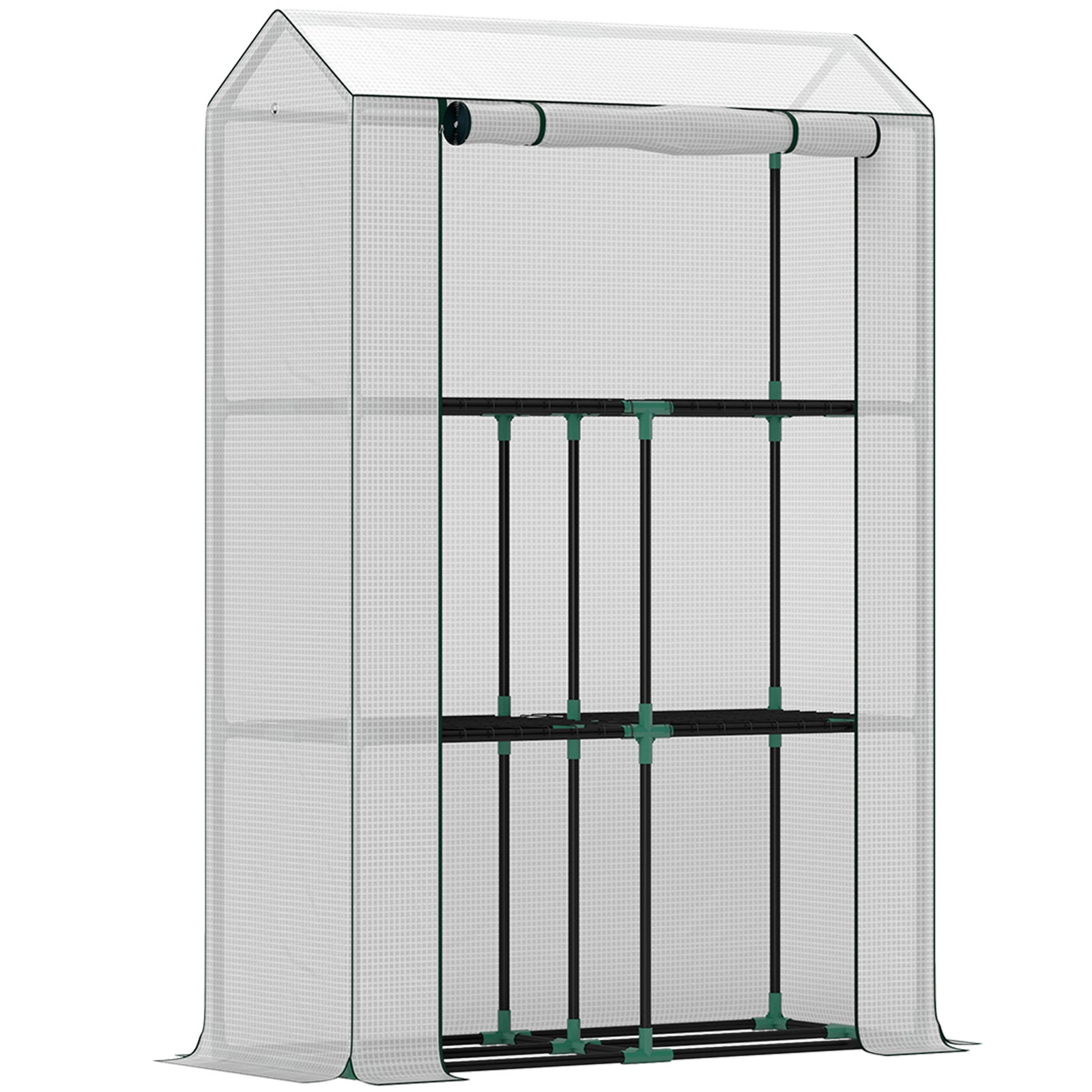 3 Tier Mini Greenhouse W/ Pe Cover, Roll-up Door | White