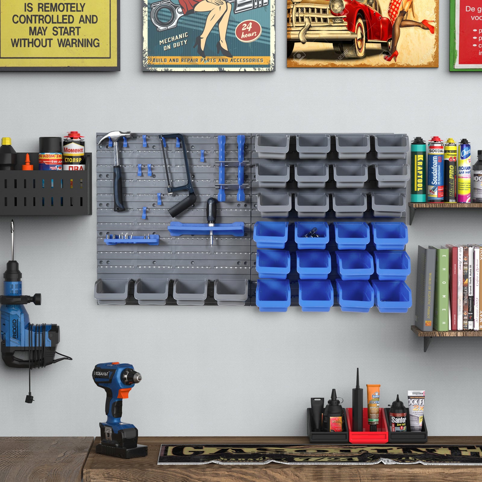 44 Pcs On-wall Storage With Pegboard | Blue