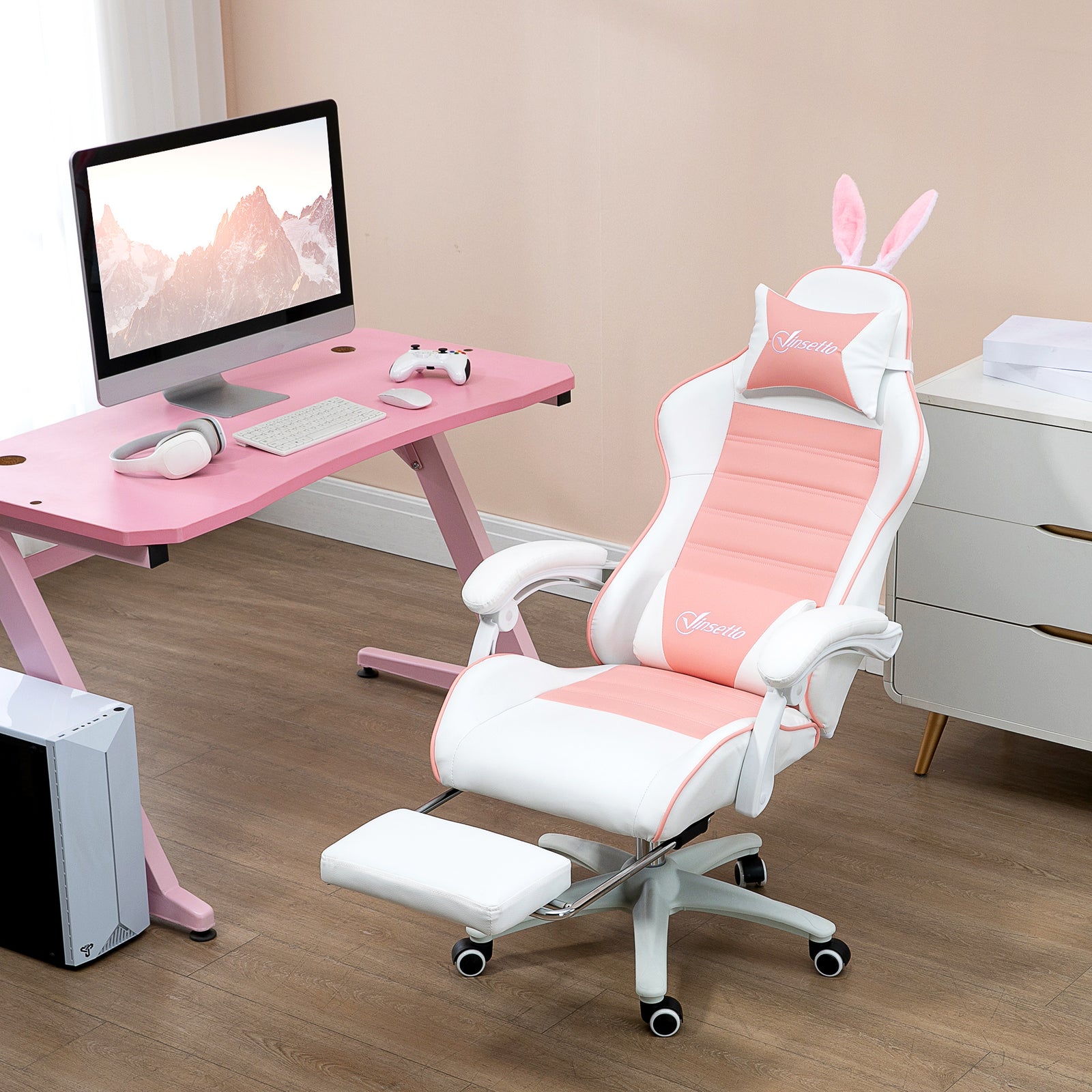 Racing Chair W/ Footrest Rabbit Ears | Pink