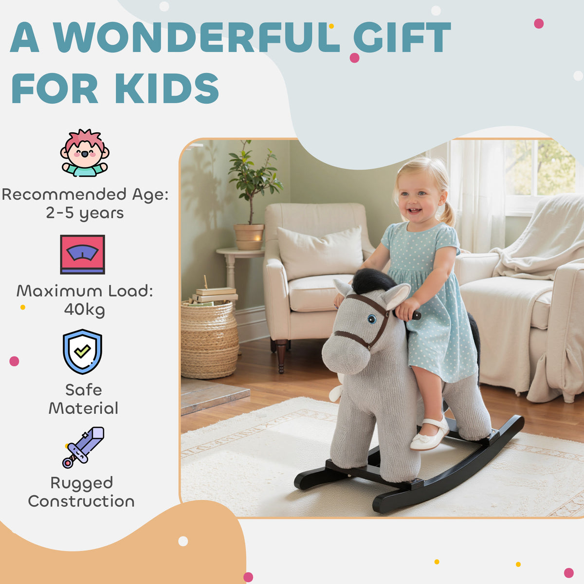 AIYAPLAY Baby Rocking Horse, Toddler Animal Rocker For Kids Aged 2–5, Grey