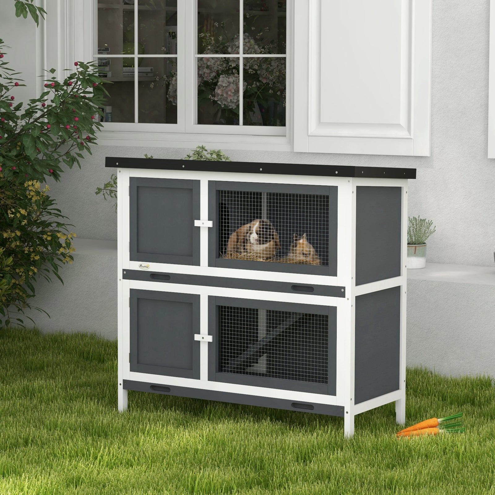 Double Decker Rabbit Hutch Bunny Cage Pet House Outdoor W/ Tray | Gray