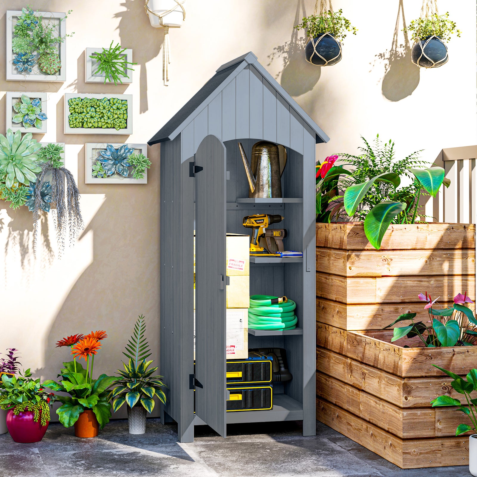 Wooden Small Garden Shed With 3 Shelves And Tilt Roof Grey | Grey