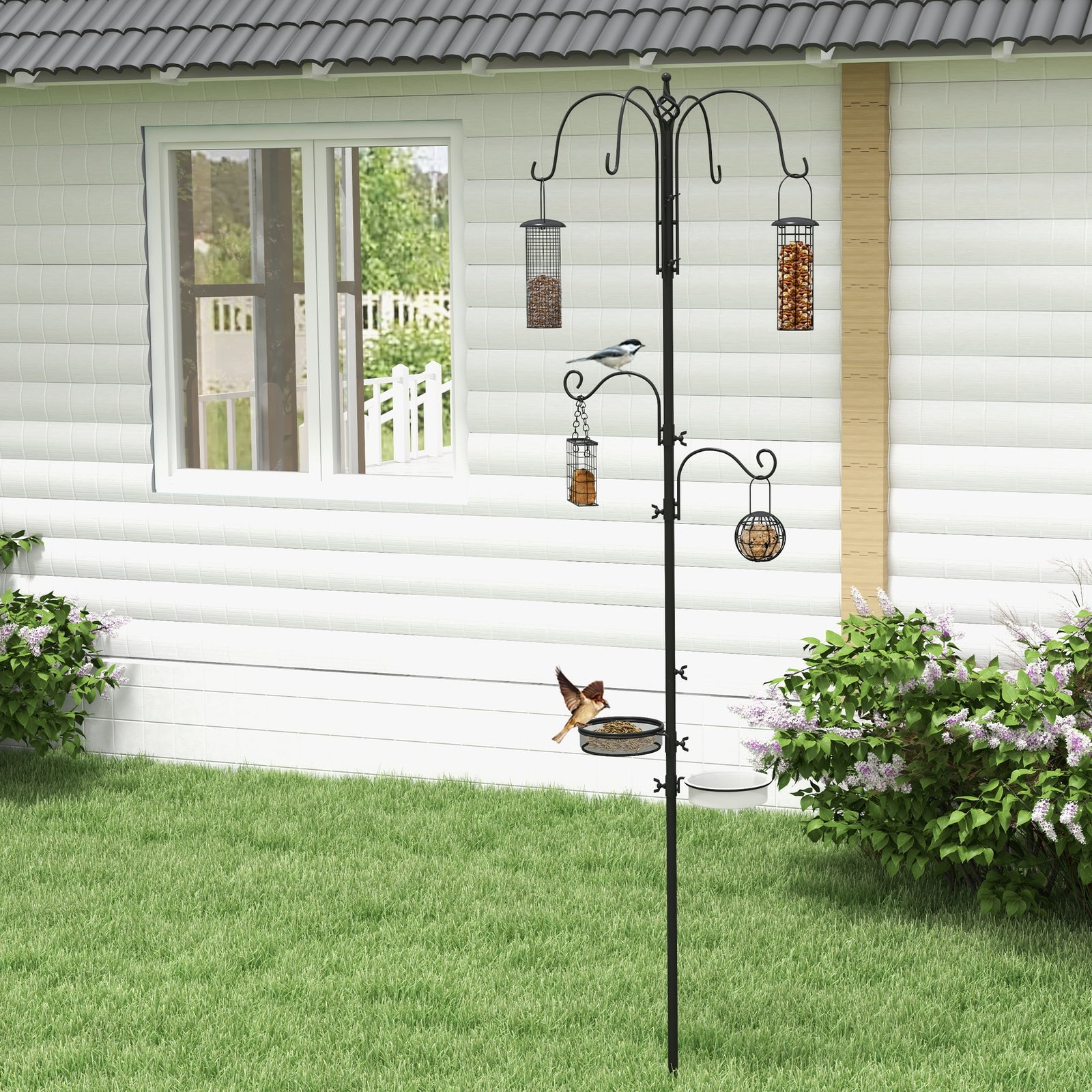 Pawhut Bird Feeding Station Kit Wild Bird Feeder Pole W/ 6 Hooks 4 Prong Bases