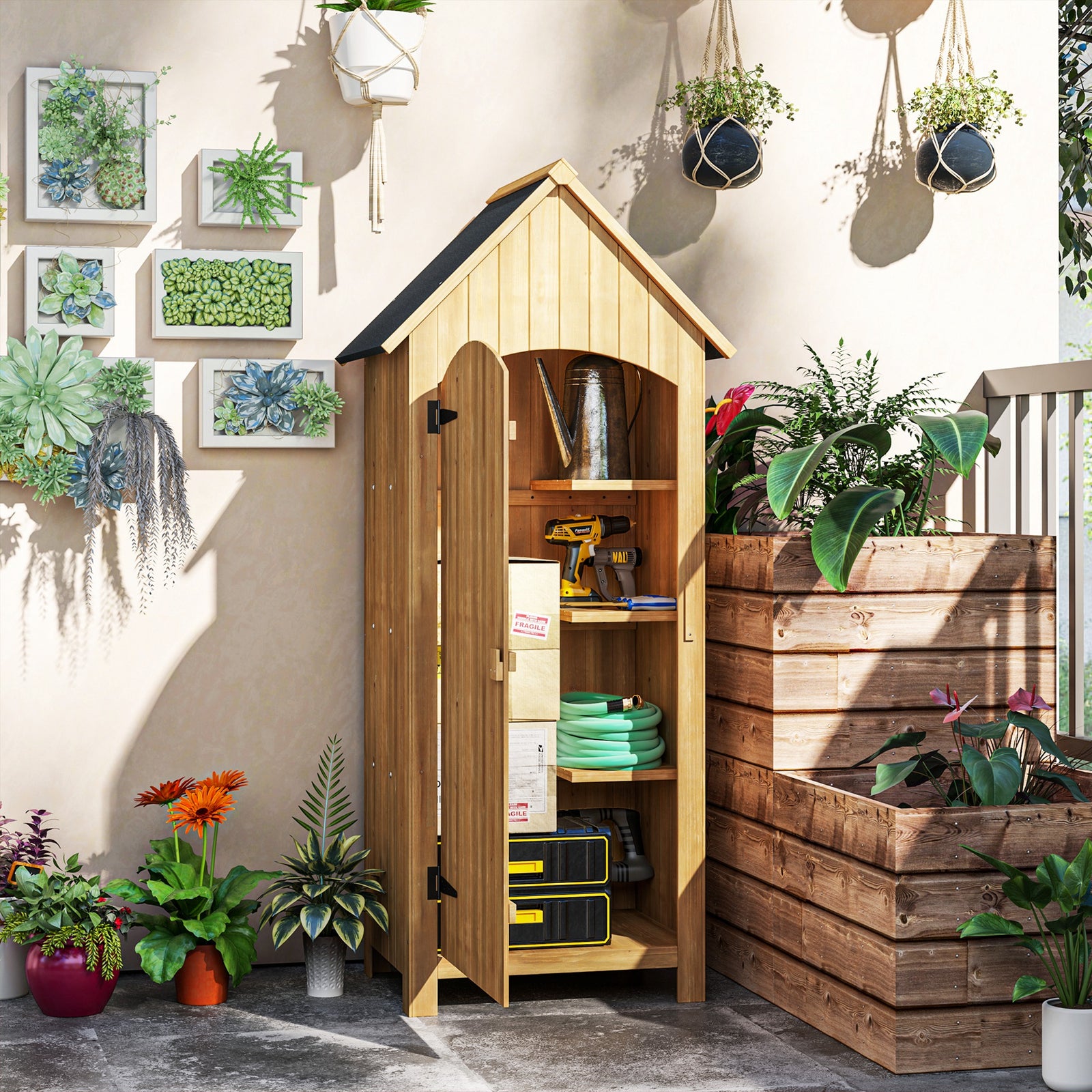 Wooden Small Garden Shed With 3 Shelves And Tilt Roof