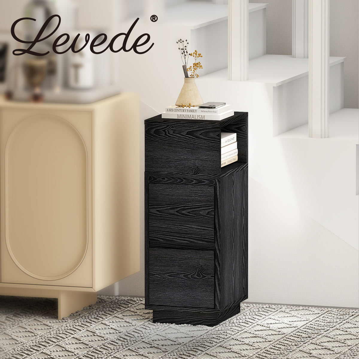 Slim Bedside Table Storage Nightstand With 2 Drawers & Open Shelf | Black